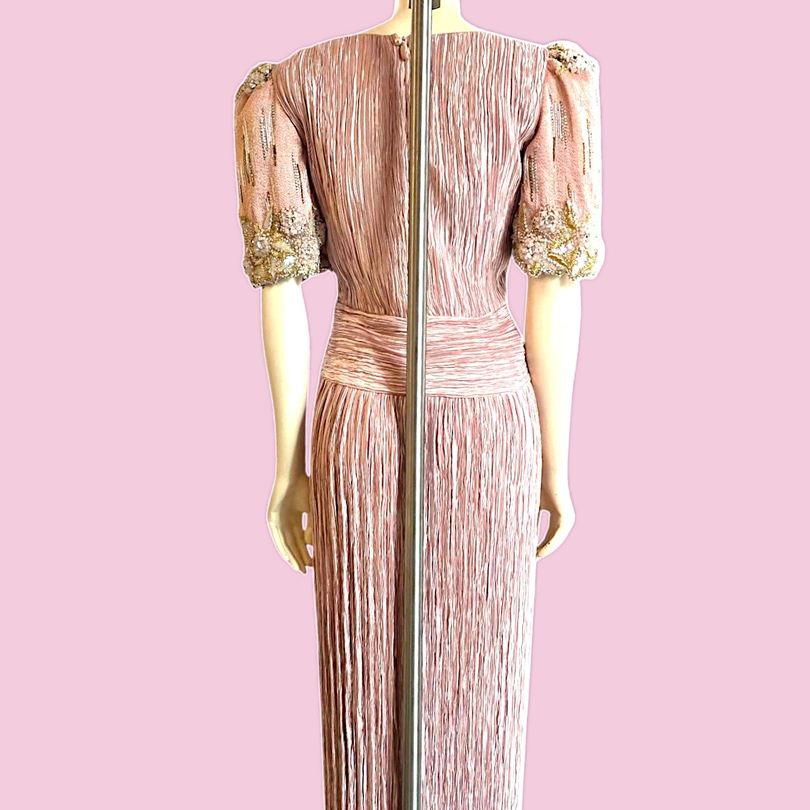 Vintage Mary McFadden Couture Fortuny Style Pleated Gown Blush Nude Pink Small