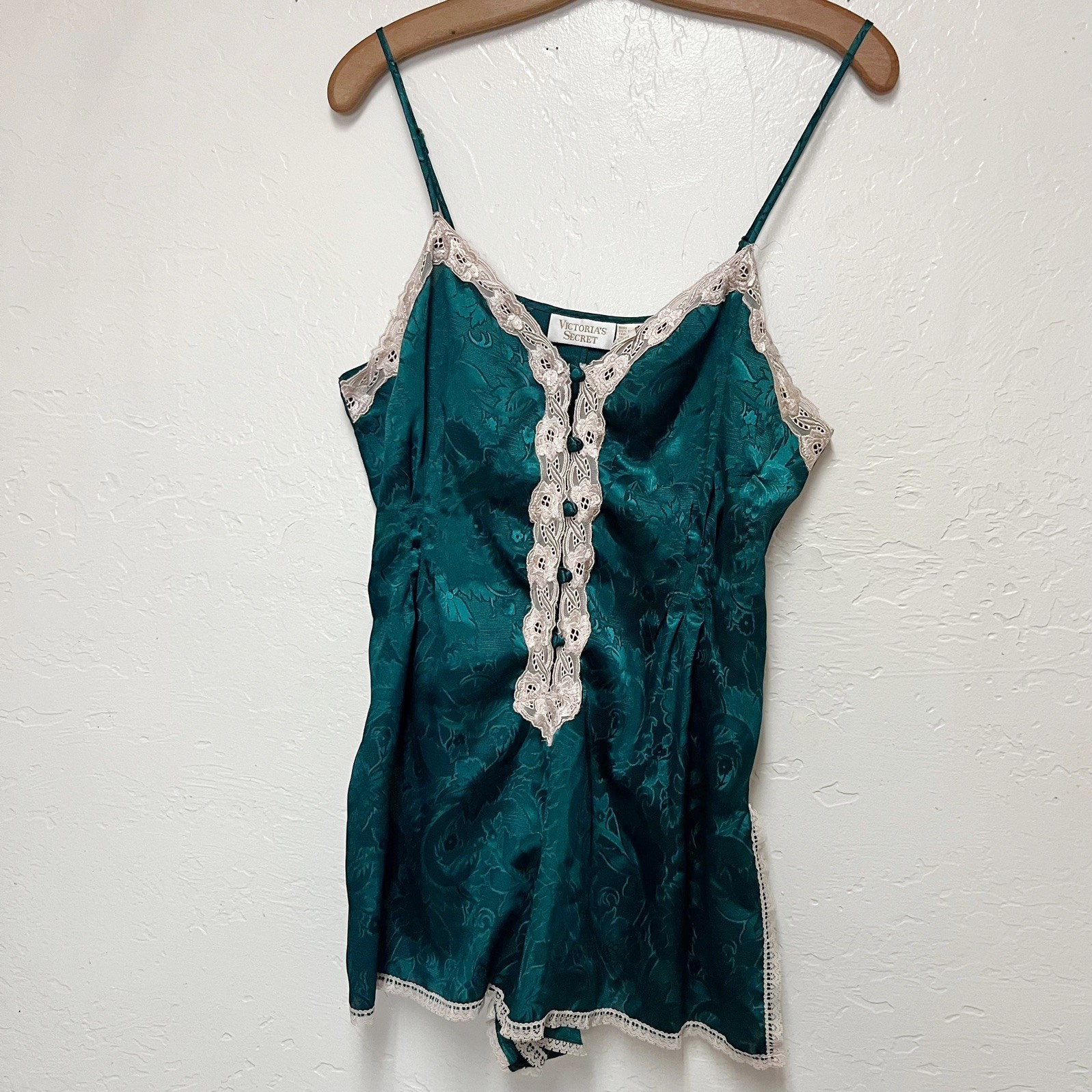 Rare Vintage Victoria’s Secret Gold Label Green Teddy Romper Lingerie Sz L Slip