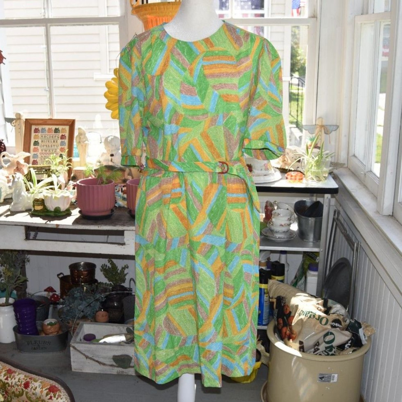 Vintage 70s Mod Abstract Print Dress Green Blue Belted Shift Midi L