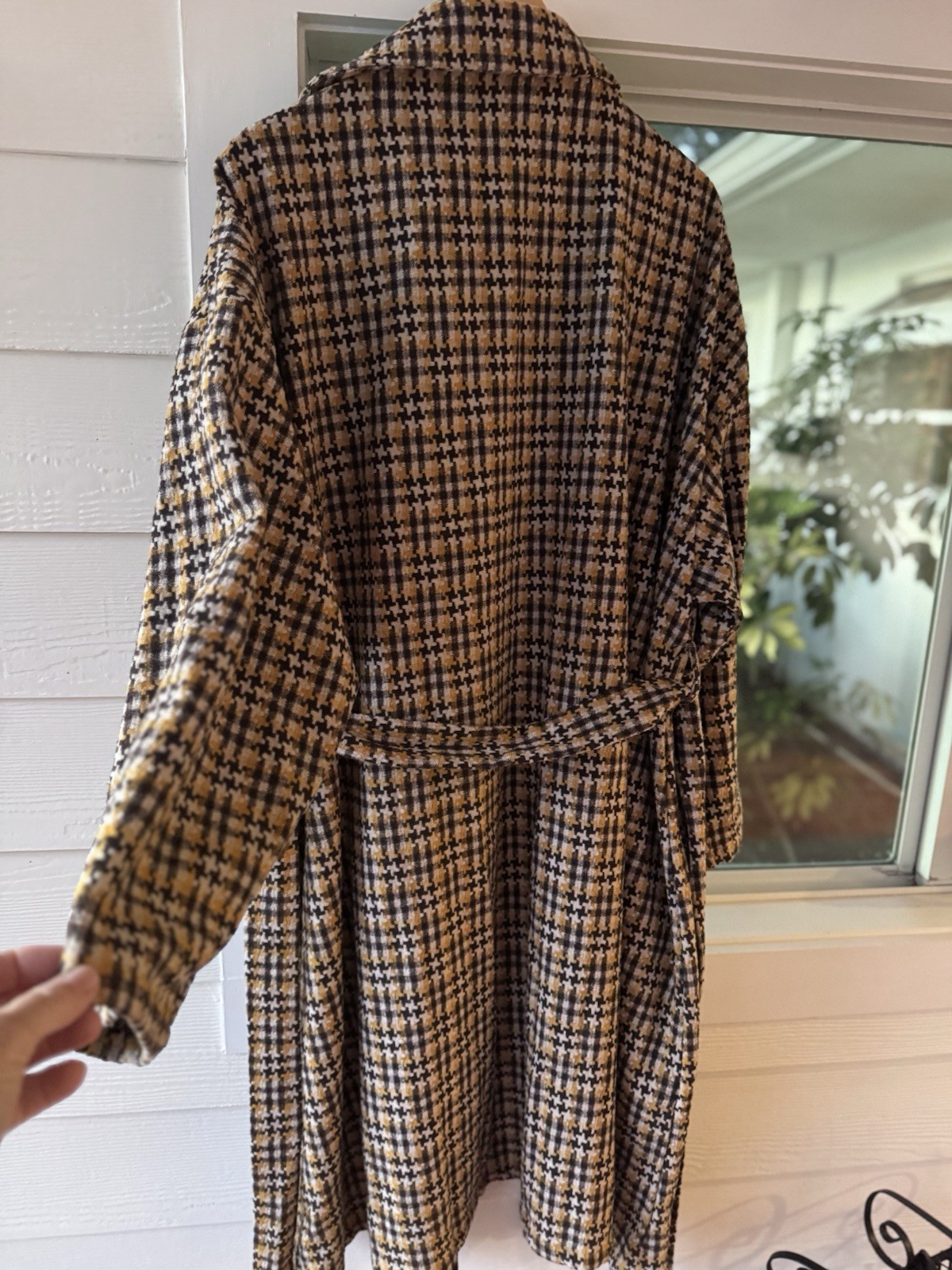 Spring Coat Check Brown & Beige Belted Pockets 100% Poly 3X
