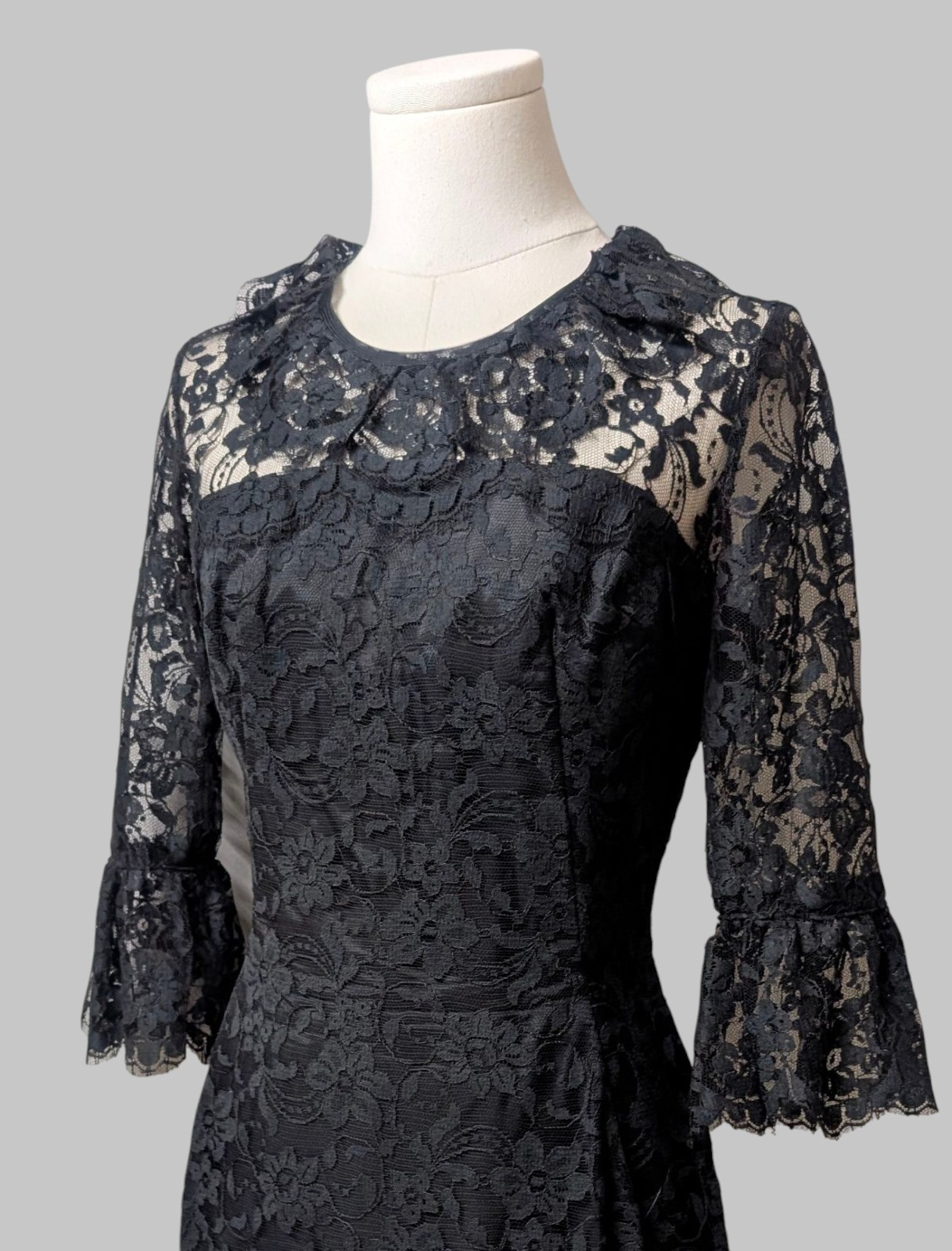 Joseph Magnin Vintage 60’s Black Lace Cocktail Illusion Dress Bell Cuffs LBD S