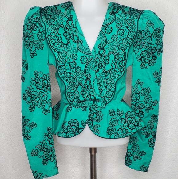 Vintage RARE Turquoise Floral Blazer Top For David Howard Climax Karen Okada