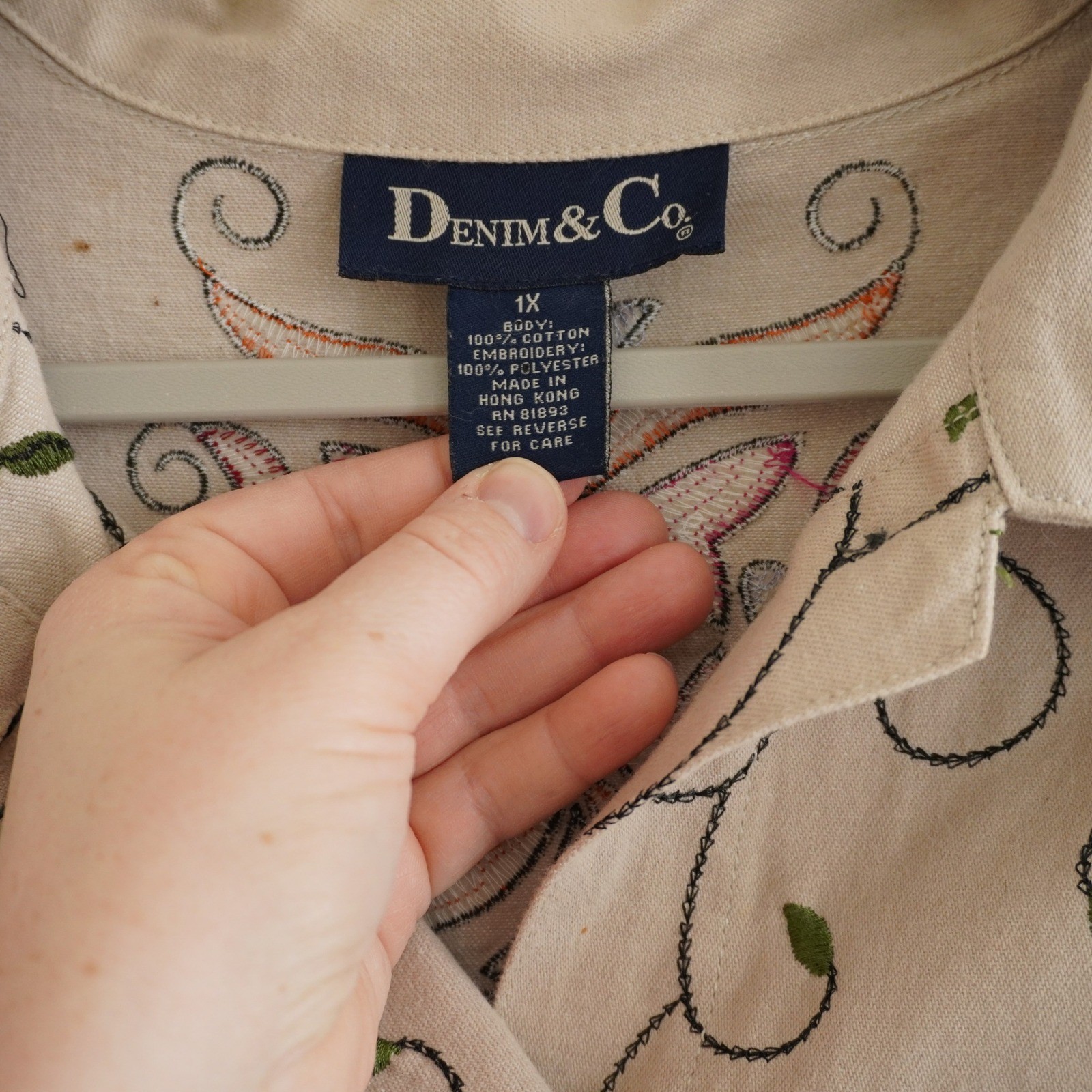 Denim & Co Tan Embroidered Floral Cotton Jacket Plus Size 1X Cottagecore Boho
