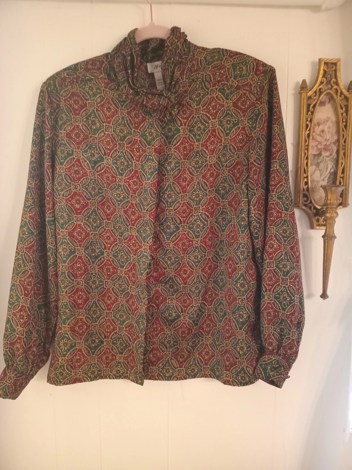 Vintage Cute Blouse, Button Down, Red and Green with Gold Details