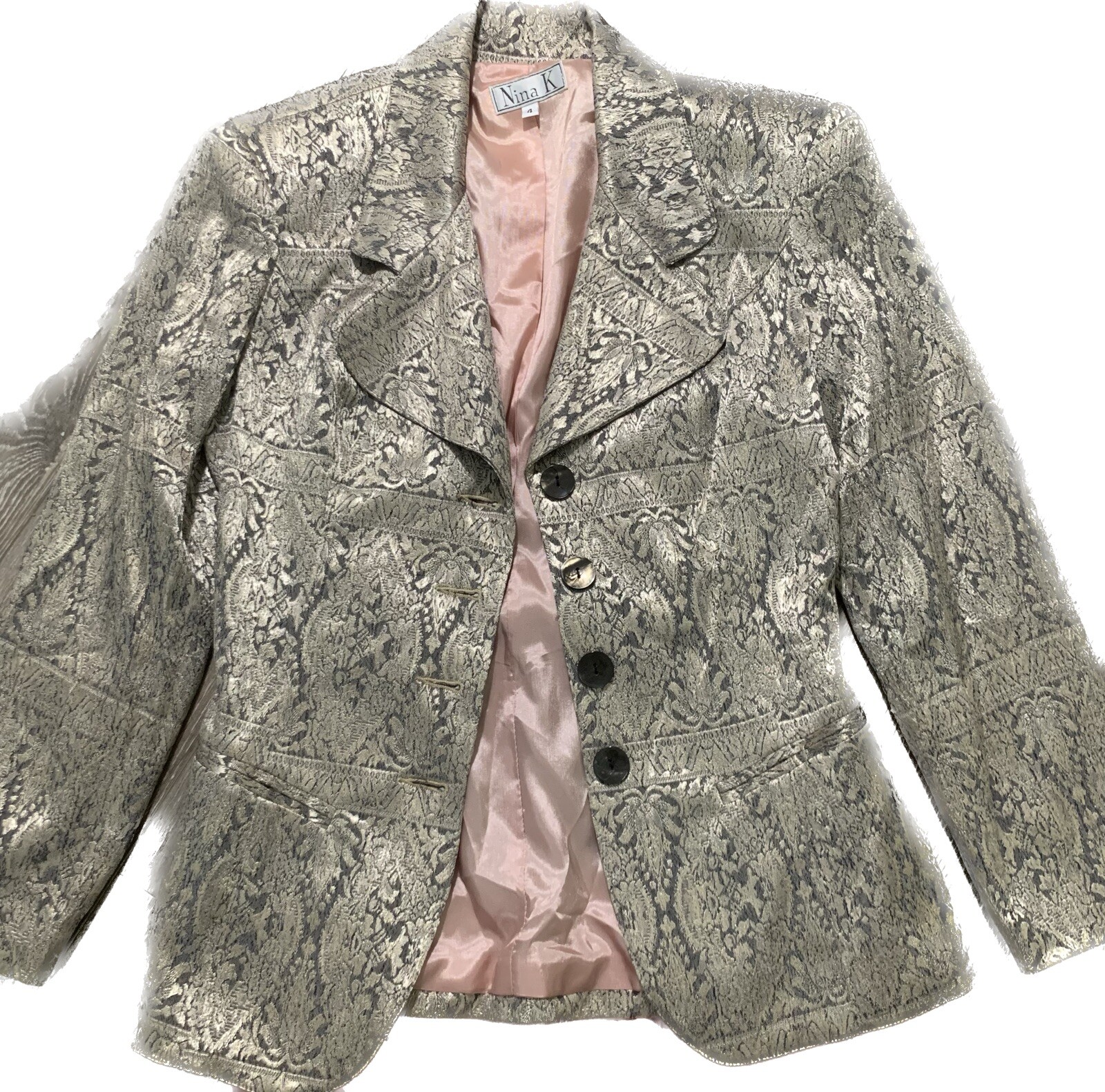 Vintage Nina K Silver Rayon Brocade Blazer Jacket Sz 4
