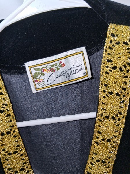 Vintage 80s California Gold Rush Black Velvet Bolero Jacket Gold Trim Shrug