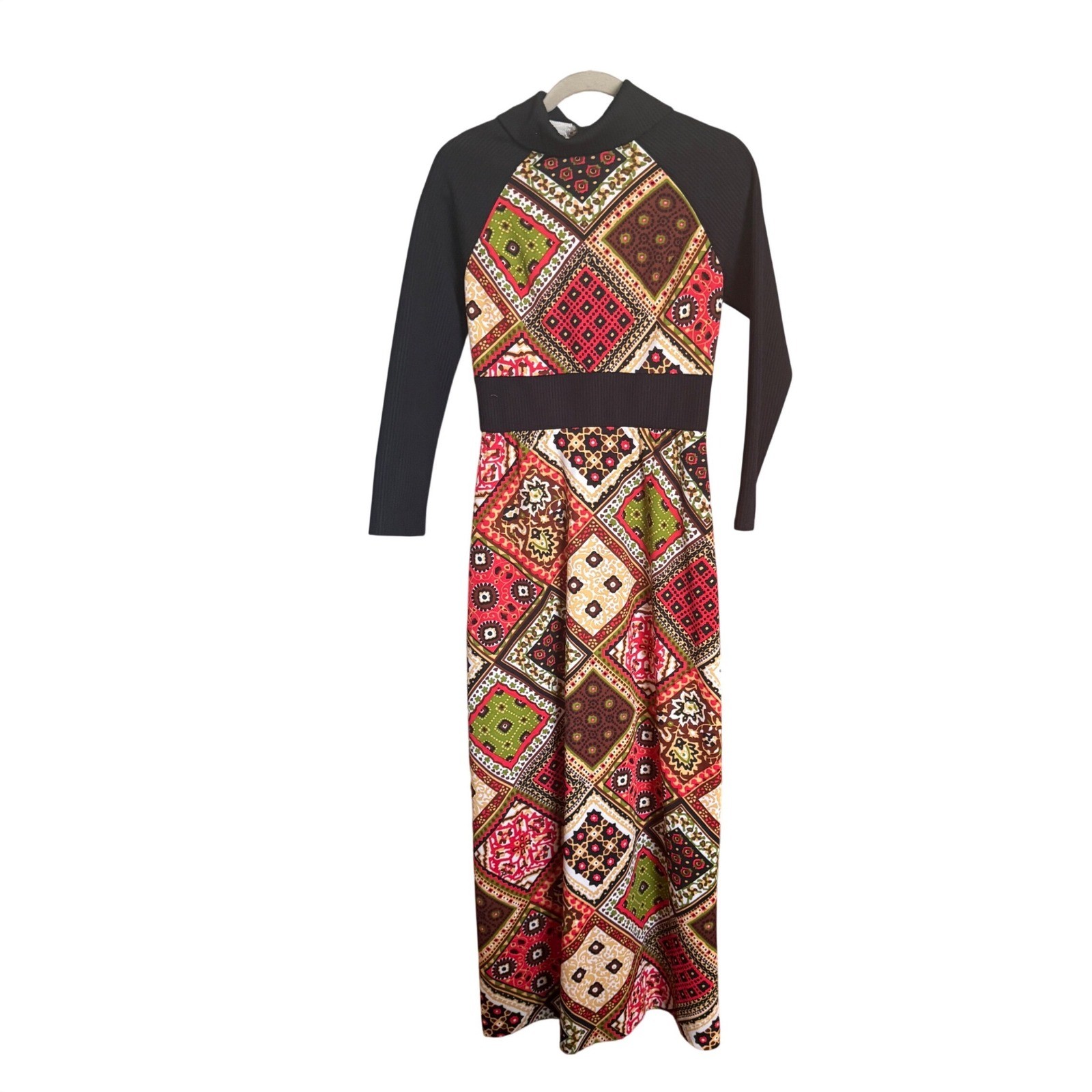 Bleeker Street Maxi Dress Vintage 70s Patchwork Print M Black Multi Excellent