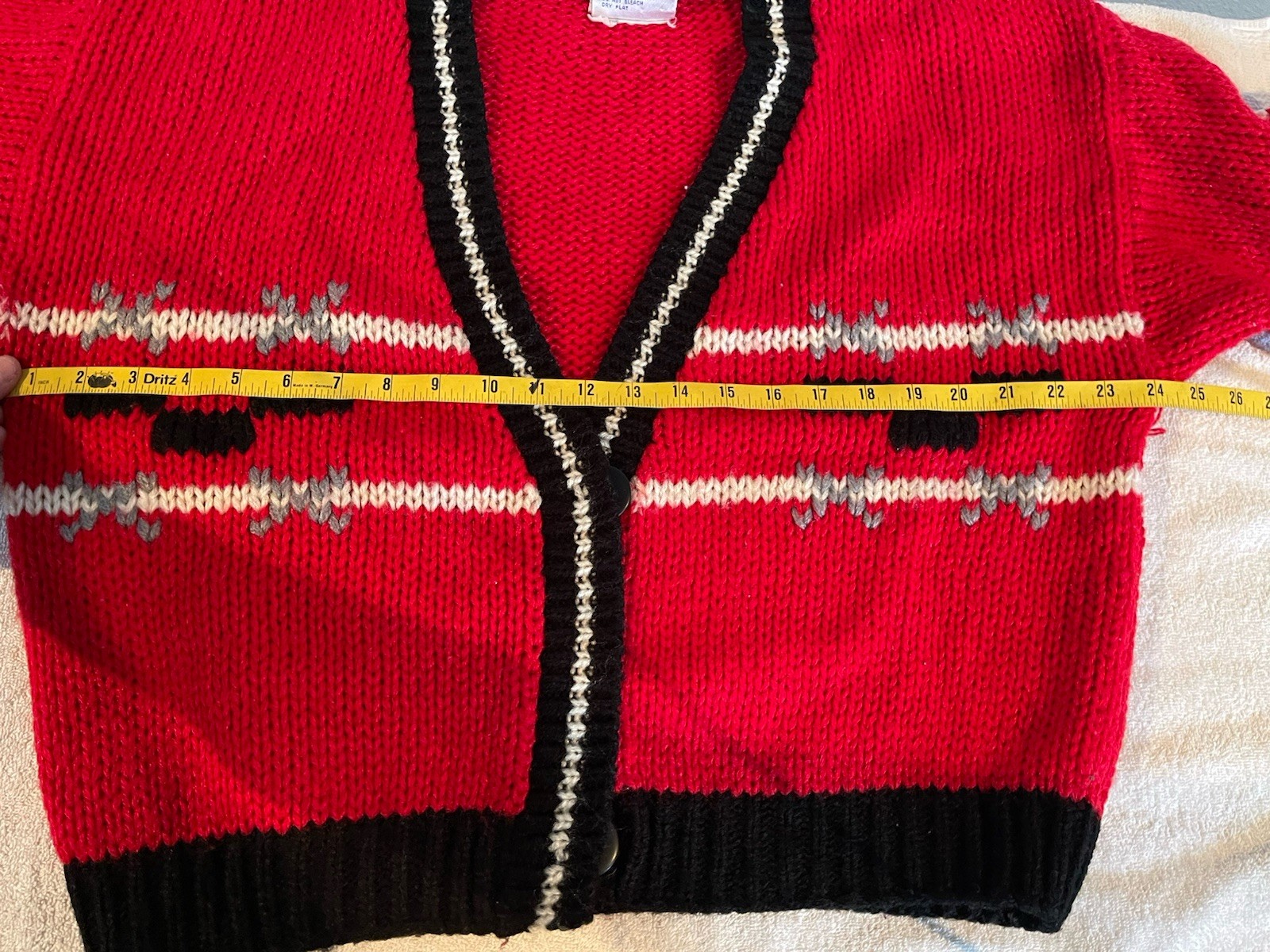 Vintage 80s Midnight Blues Hand Knit Wool Sweater Cardigan Red Black Pattern Kor