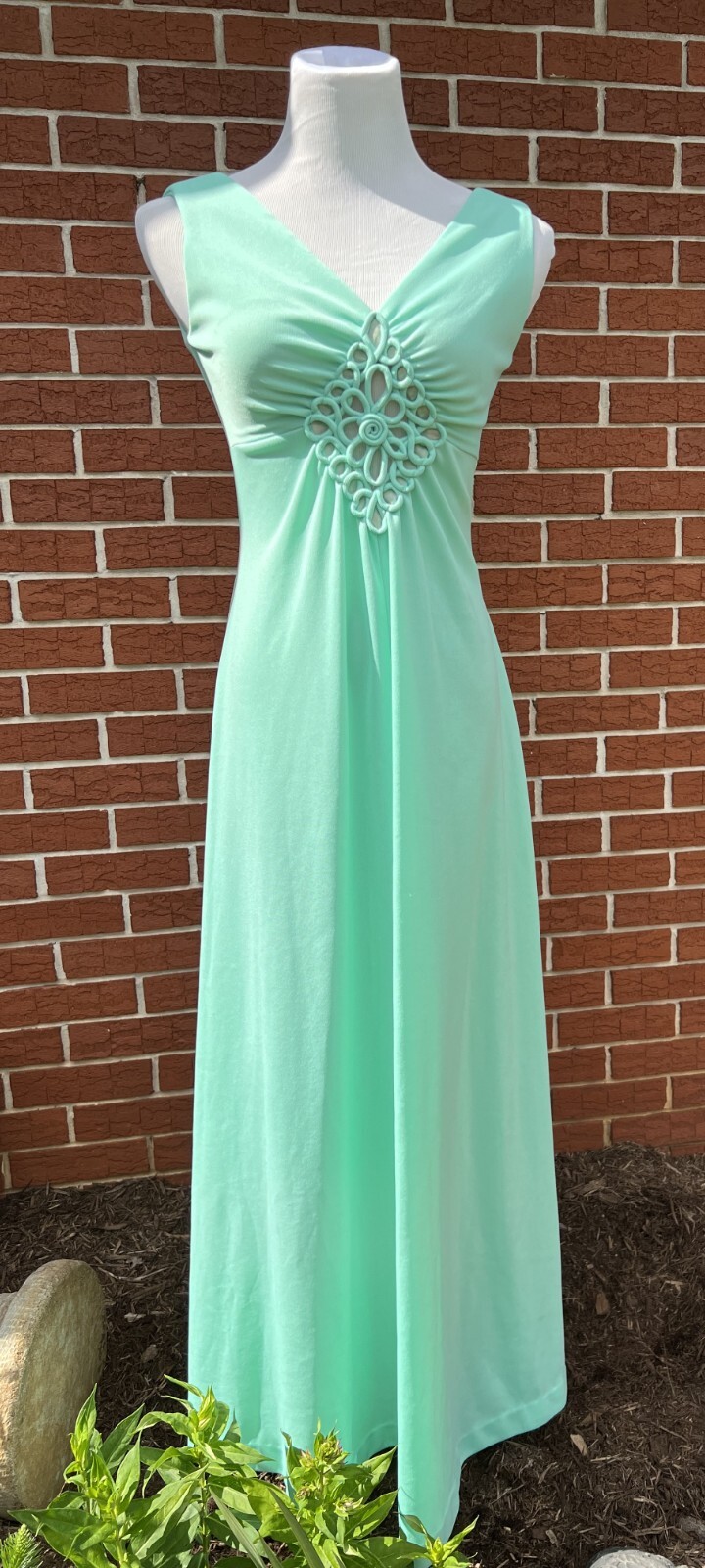 Vtg 70s Maxi Hostess Knit Dress with Corded Filigree Size M