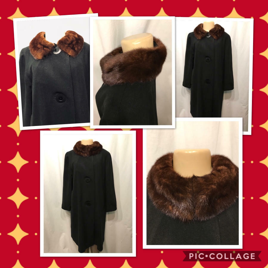 Vtg 50s 60s LAZARUS 100% CASHMERE Black SOFT MINK FUR Wedding Ring Collar Coat M