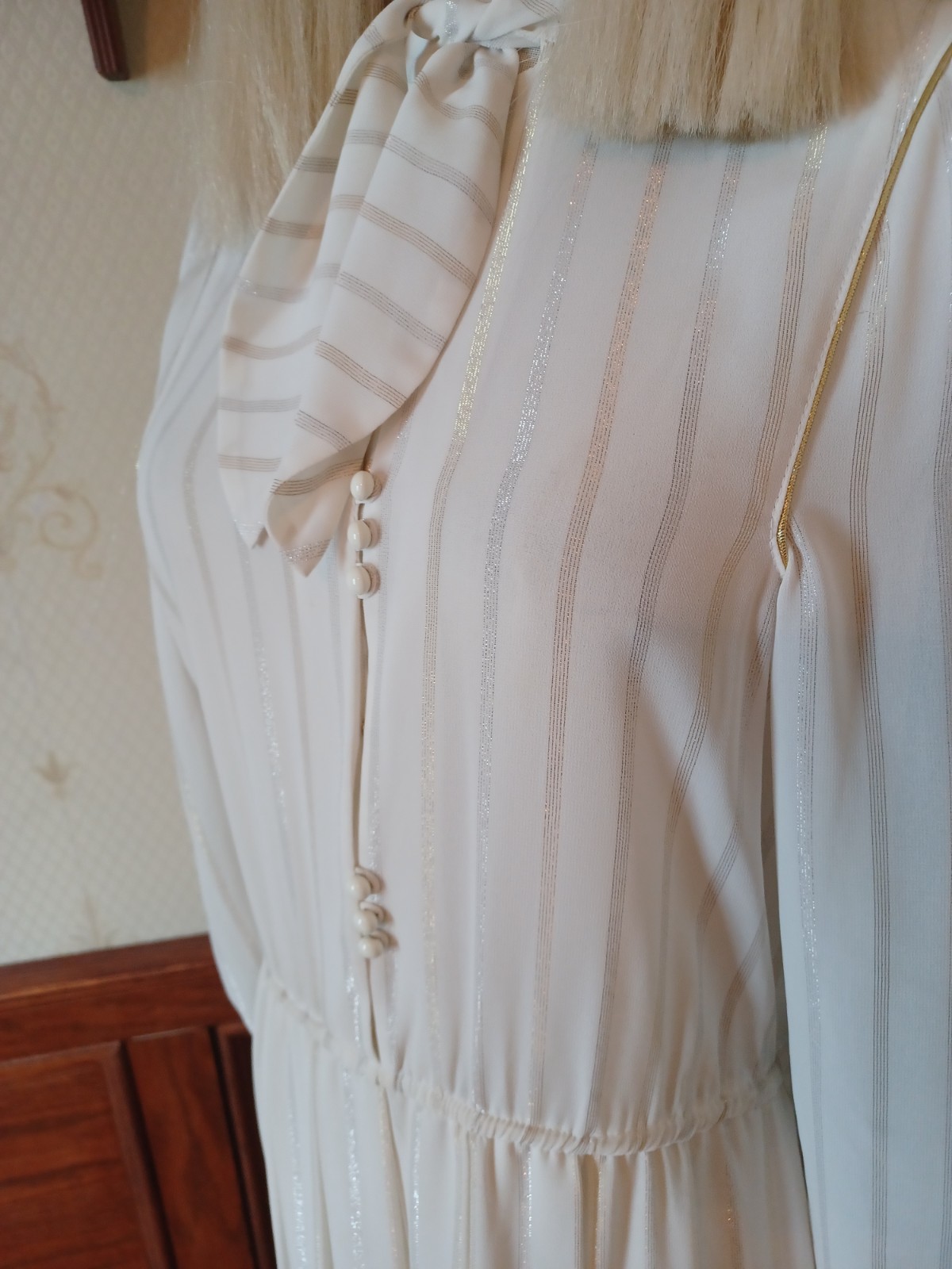 Vintage 70s/80s White Pussybow Semi-Sheer Dress with Gold and Silver Accents