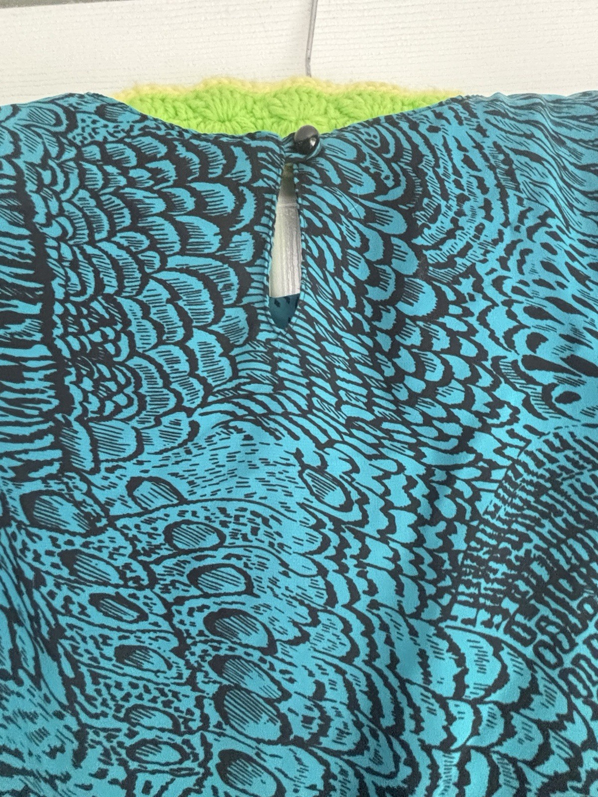 Vtg POSITIVE ATTITUDE 80’s Dress Teal W/ Black Feather Print Shoulder Pads Sheer