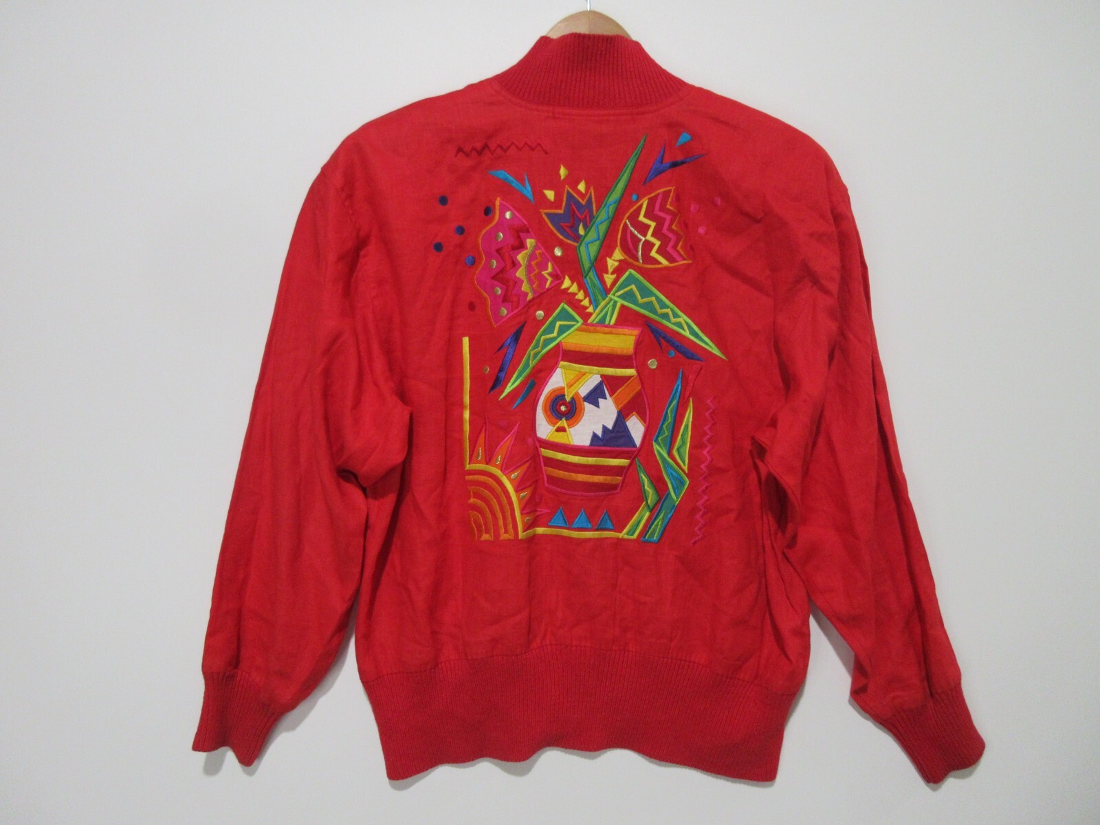 Sz 8 M VINTAGE 90s I B Diffusion Tribal Embroidered Red Linen Bomber Jacket Top