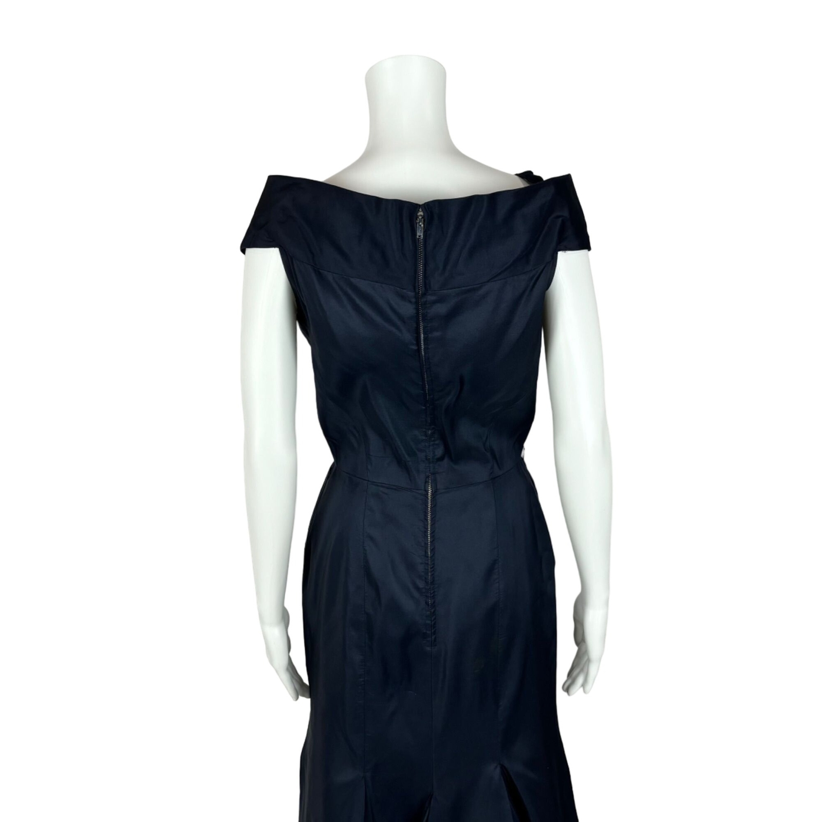 Vintage 50s Cocktail Dress Women’s XXS Winged Bodice Dark Blue Bombshell Pin Up