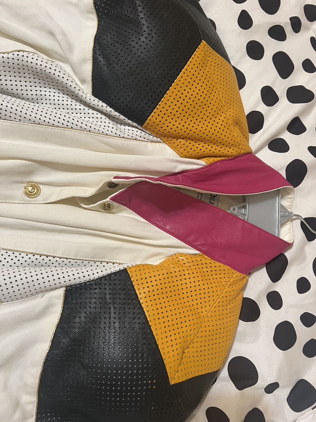 Vintage 80’s Deja Vu Designs COLORBLOCK White Leather Gold Snap Jacket S