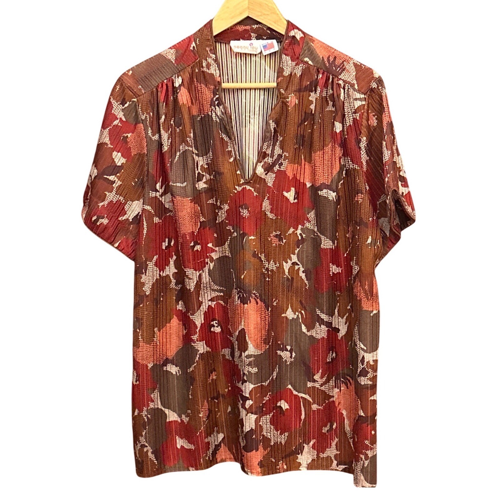 Vintage Peggy Lou California Blouse Floral Plisse Boho Retro Textured Autumnal