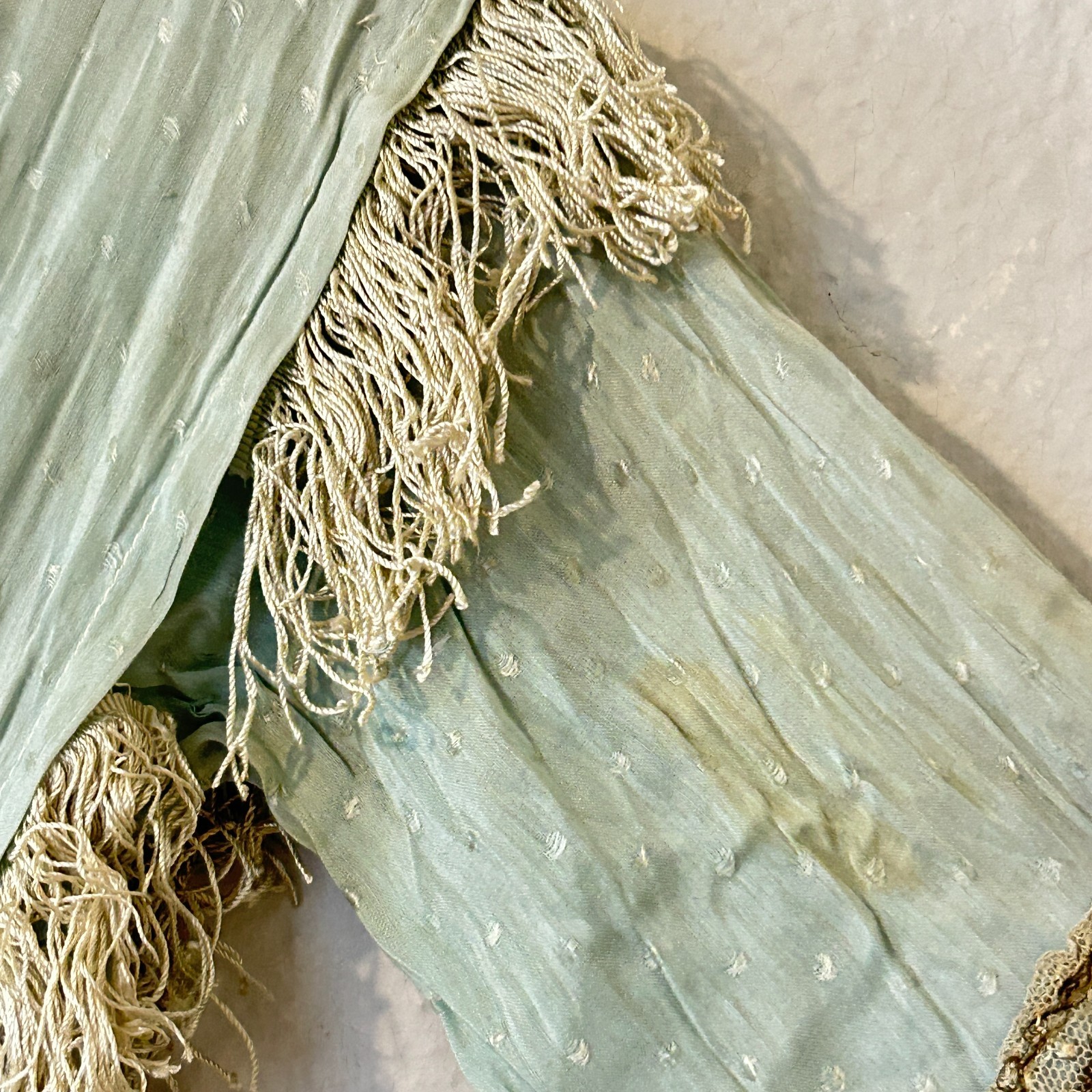 READ AS IS Antique Edwardian Blue Dress Fringe Trim Embroidered Study Fragile
