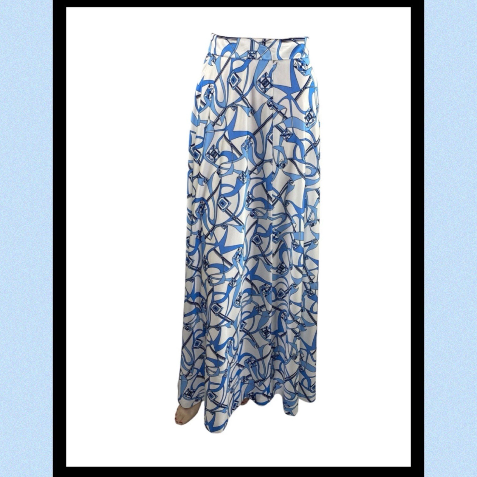 Vintage Las Shack Cestaro Palm Beach Blue Print Maxi Skirt 60s 70s Small Waist