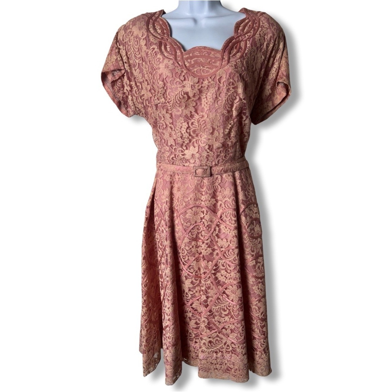 VTG 50s Gloria Swanson Forever Young Pink Lace Belted Party Tea Midi Dress Sz. M
