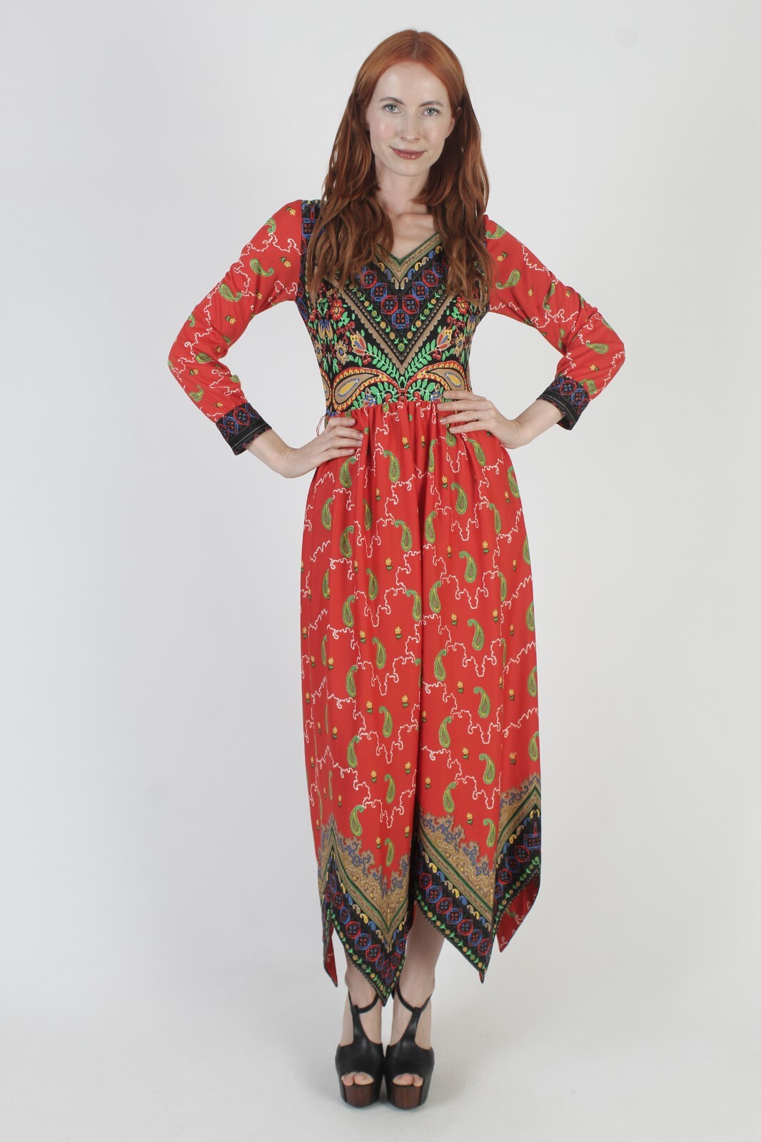 Vtg Colorful Asym Hanky Hem Dress High Low Handkerchief Tapestry Cocktail Party