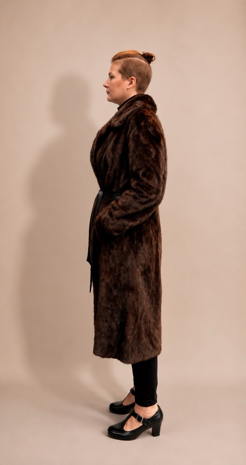 Vintage Full-Length Pieced Ranch Mink Fur Coat Massive Sweep Leather Belt Lux