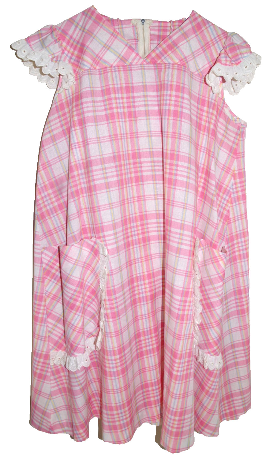 R1 – vintage Smart Time House Dress 16 Pink Plaid & White Eyelet Cap Sleeve