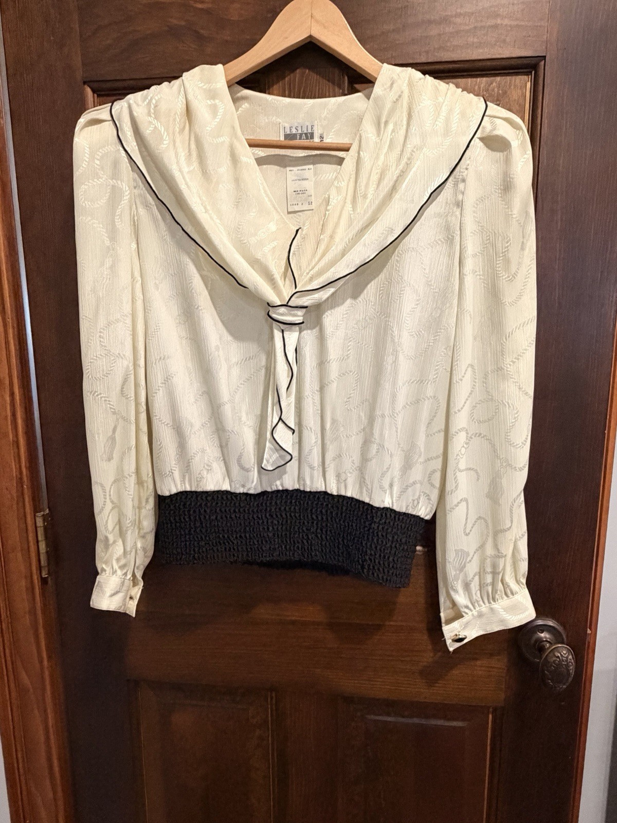 Leslie Fay Vintage Ivory Blouse Black Trim Button Cuffs Elastic Waist Union Mad…