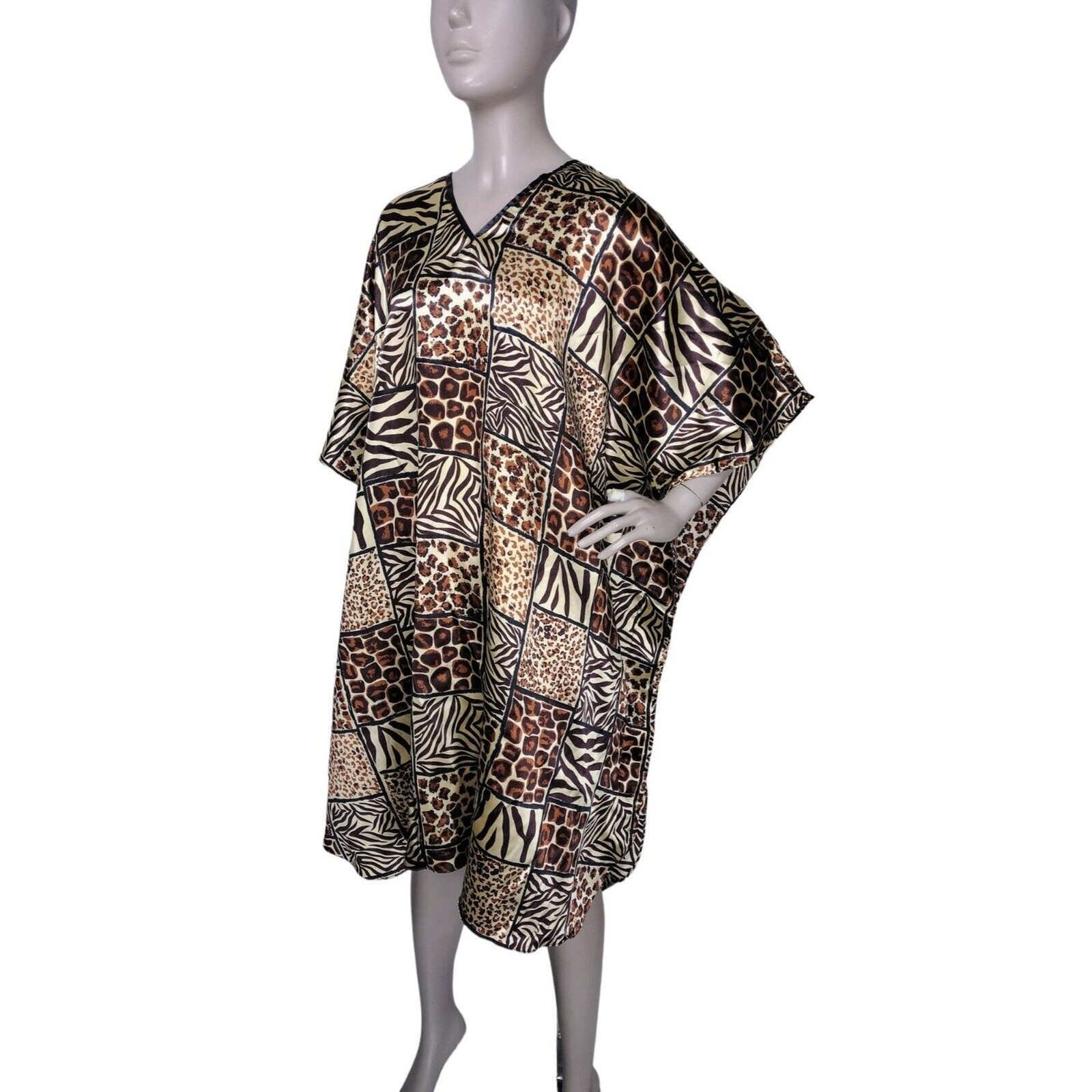 Vintage Boho Satin Cheetah Leopard Gold Patchwork Muumuu Caftan House Dress OSFM