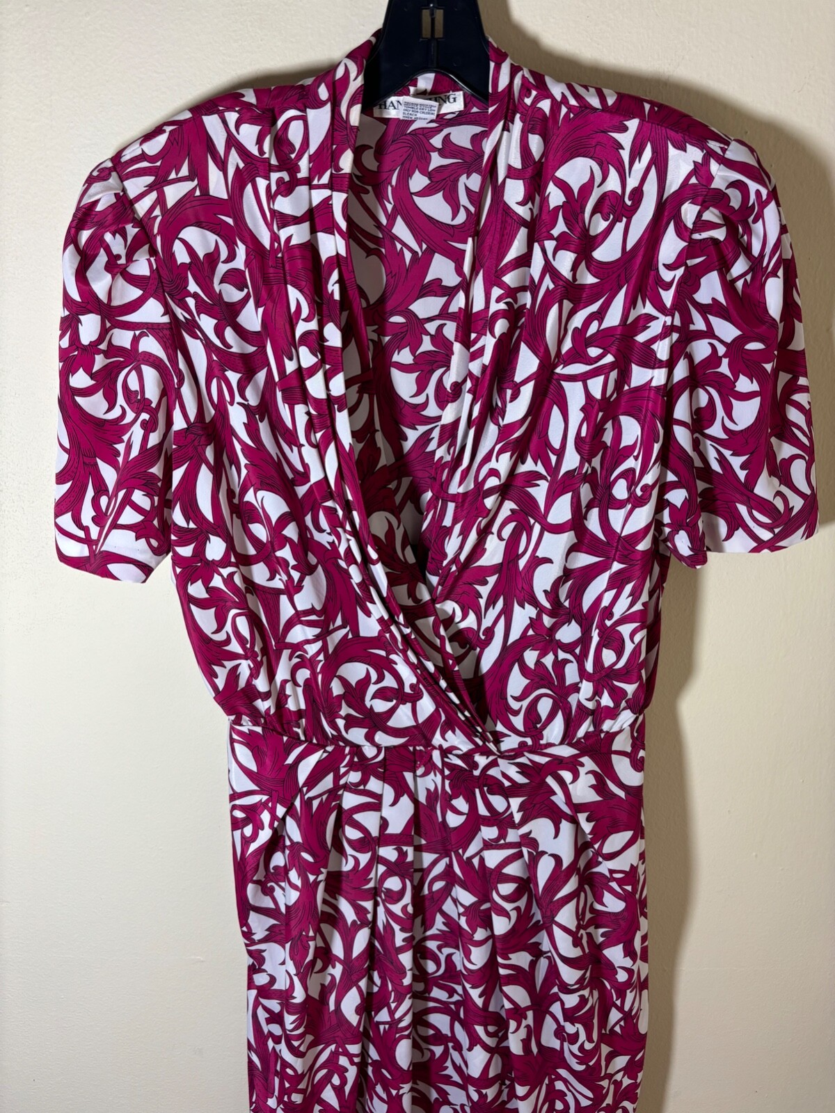 Vtg 80s HANA SUNG Dress 12 L Poly BAROQUE FLORAL Print FAUX WRAP Secretary MIDI