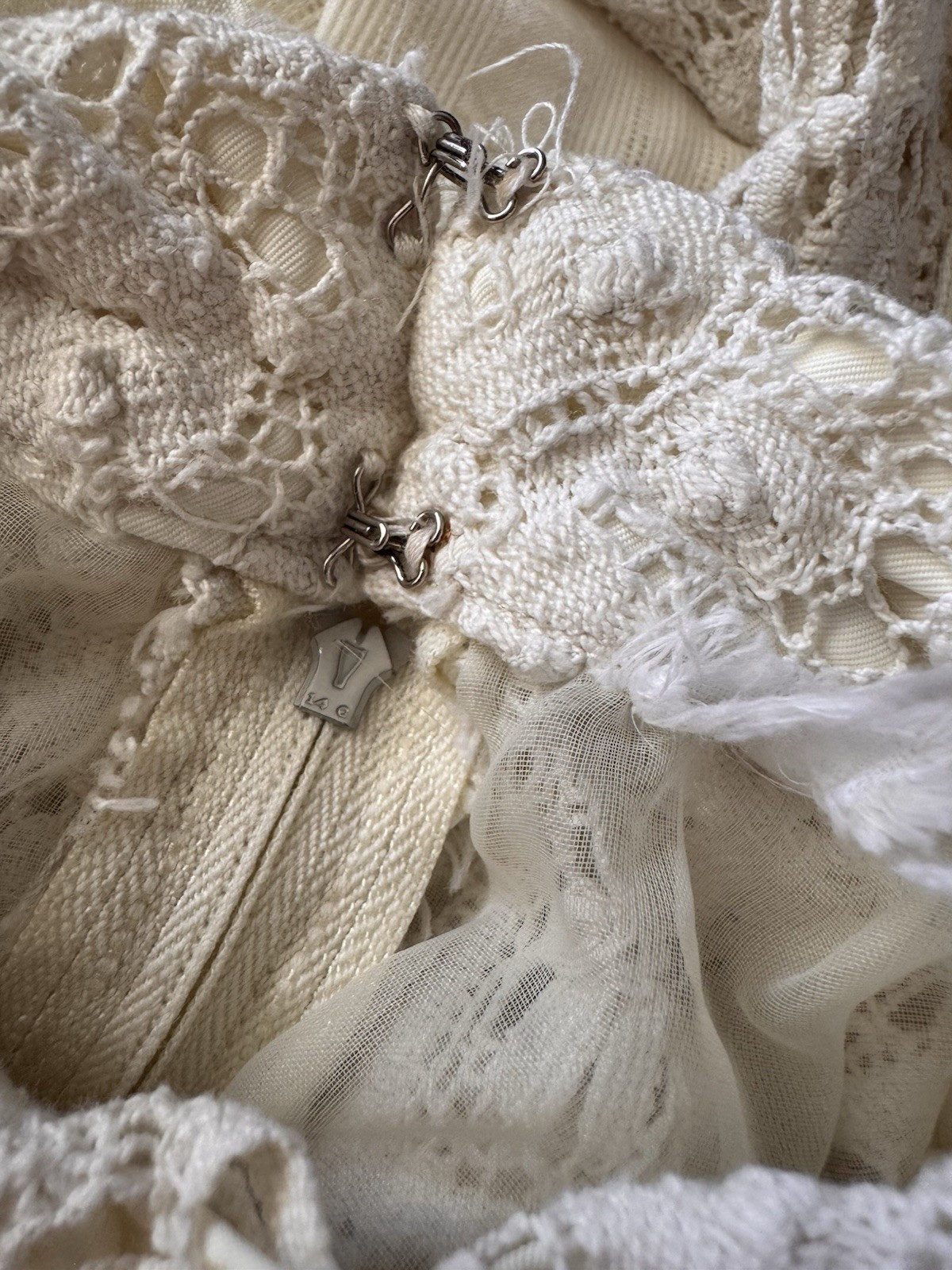 Vintage 70s Prairie Maxi Dress Cream Lace Edwardian Revival Embroidered Rose XS