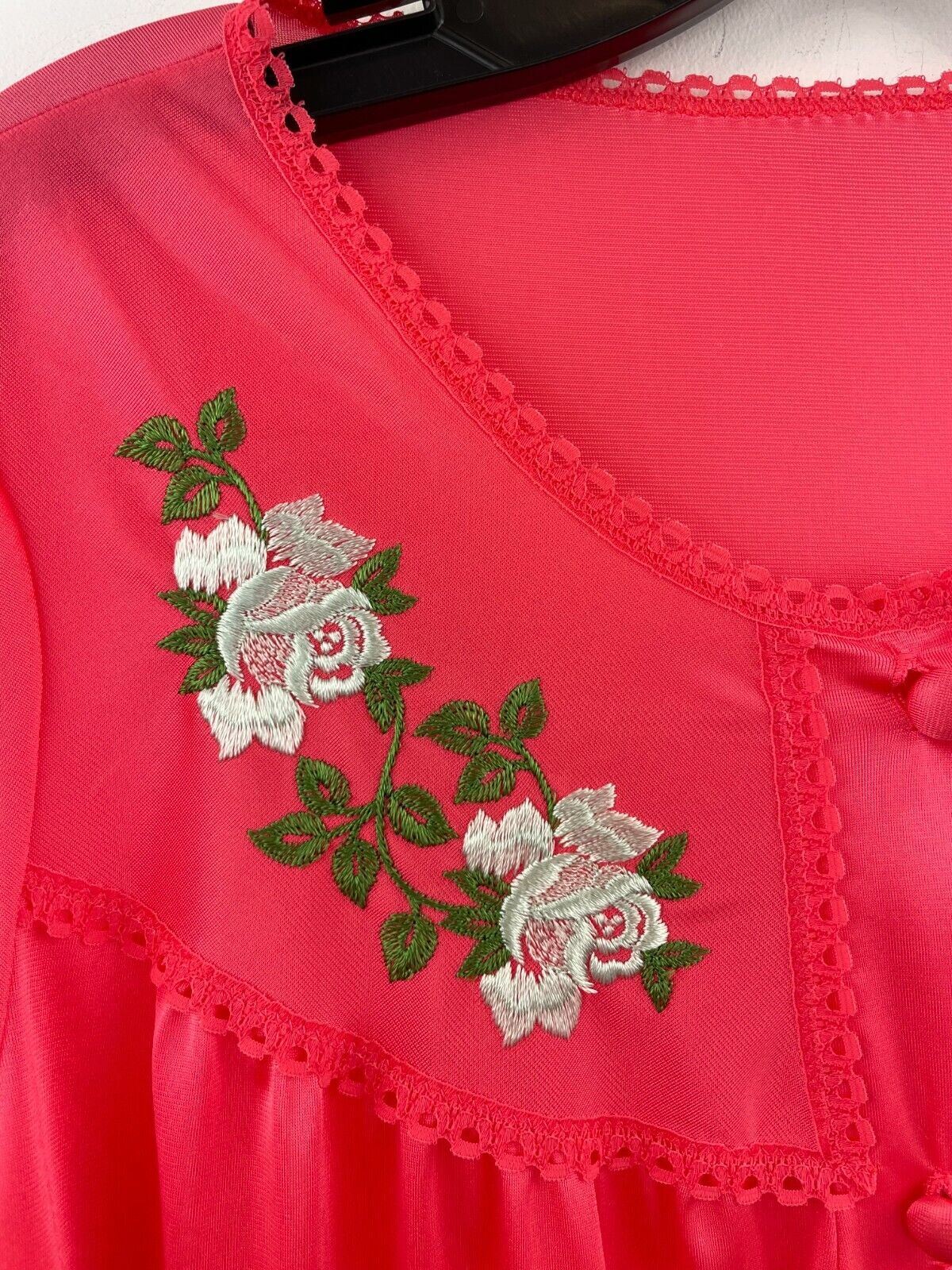 Vtg Lorraine Nylon Satin Nightgown Small Pink Floral Embroidered Long B41-08
