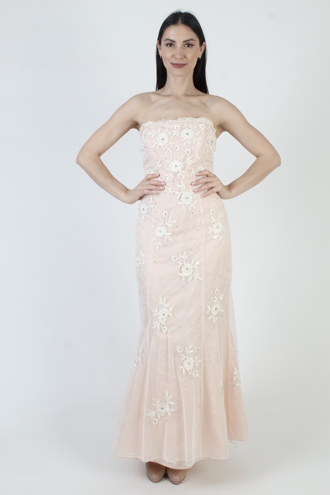 Vtg 90s Niki Livas Dress Pink Beaded Strapless Y2K Prom Mermaid Illusion Gown 6