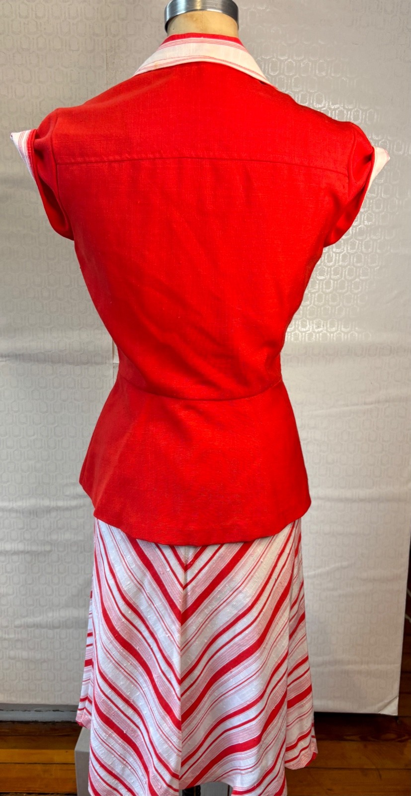 VTG 70’S WHITE&RED STRIPE 40’S INSPIRED PEPLUM JACKET&A-LINE SKIRT SET*XS/S