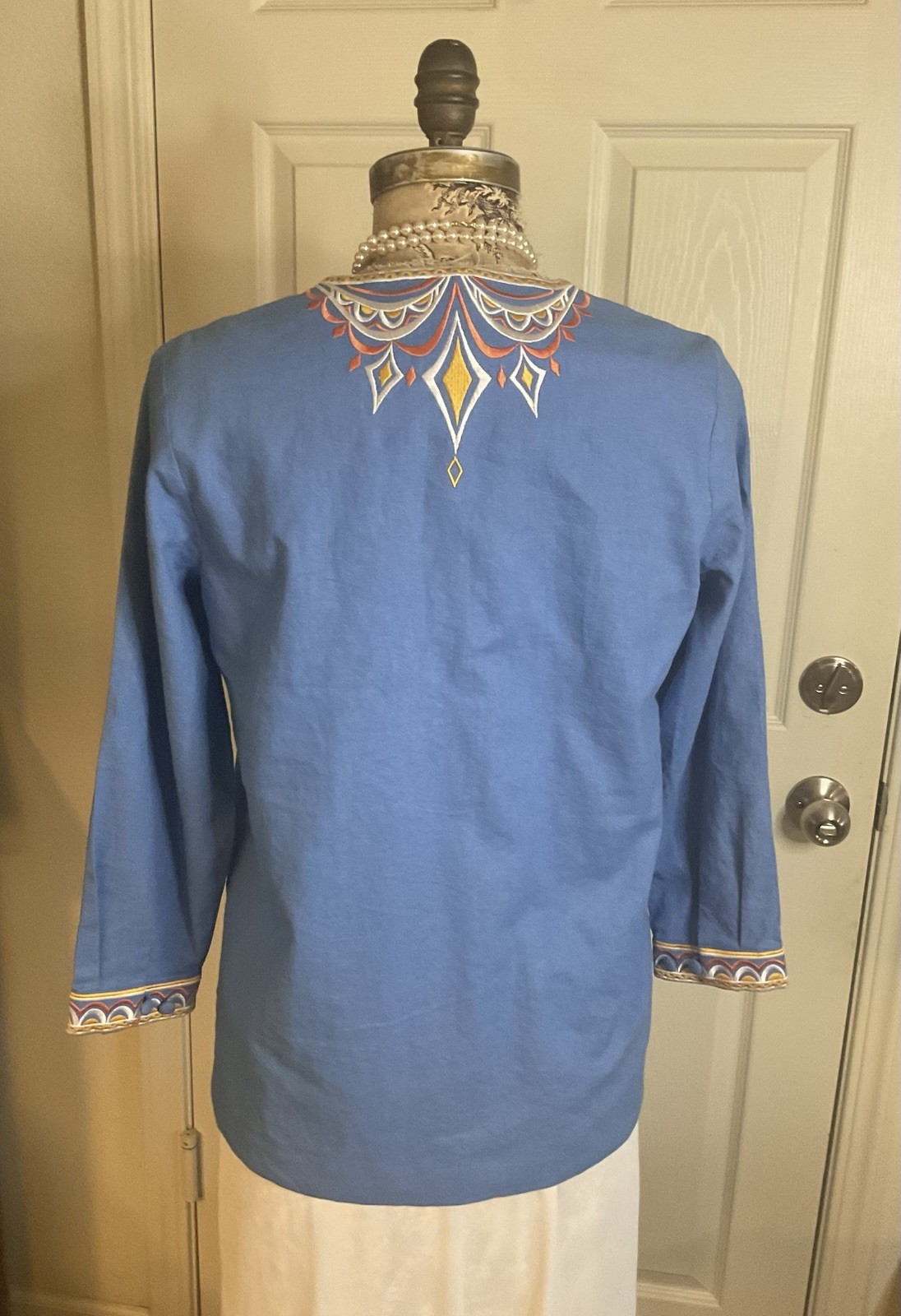 Vintage Bob Mackie Wearable Art Linen Rayon Denim Embroidered Tribal Top S