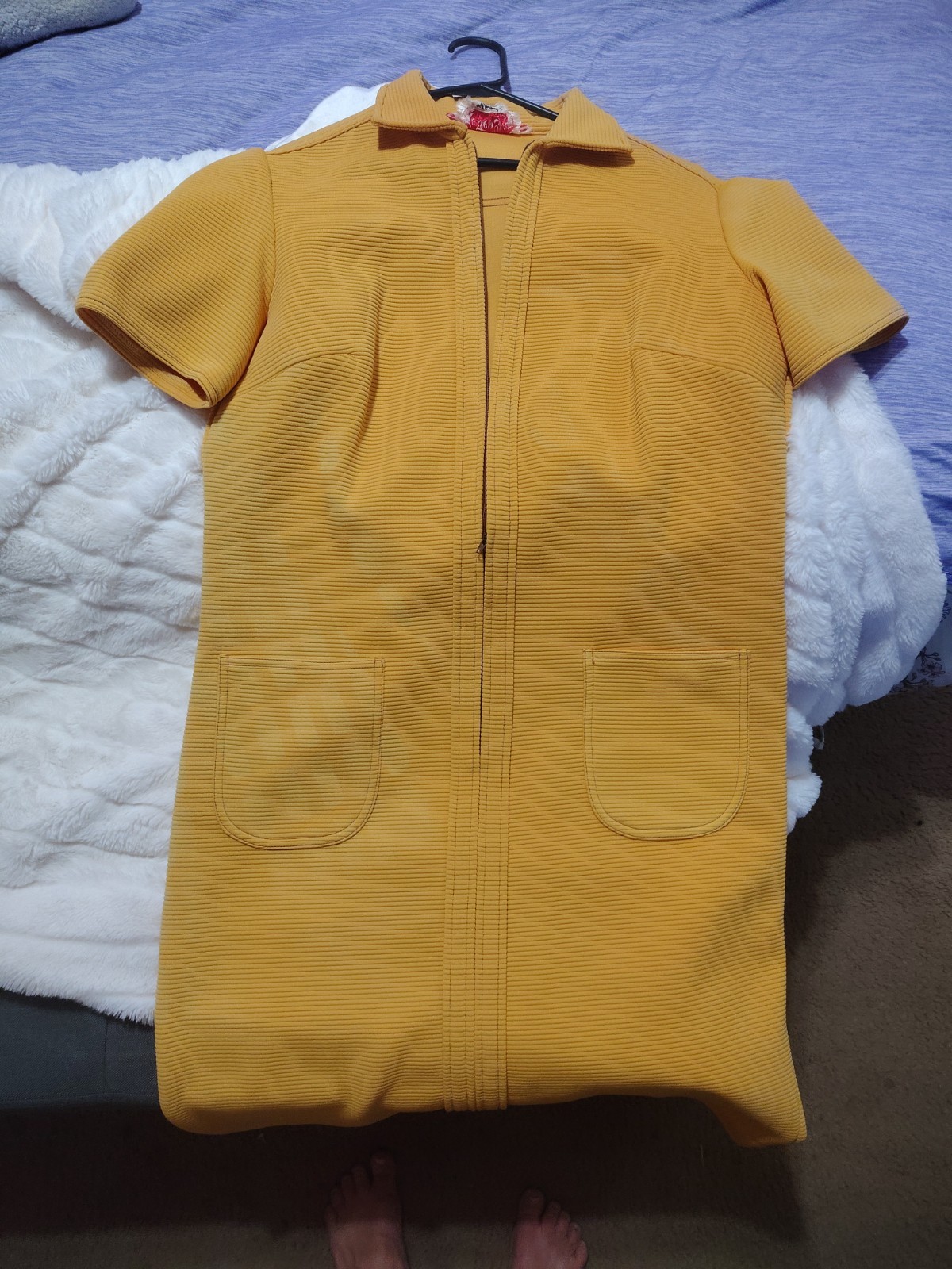 Vtg 60s 70s Route One Coast to Coast Yellow Ribbed Knit Zip Front Shift Dress
