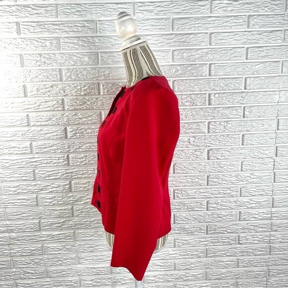 Vtg Leslie Fay Red Cropped Jacket Black Square Trim Shoulder Pads Sz 8 Petite