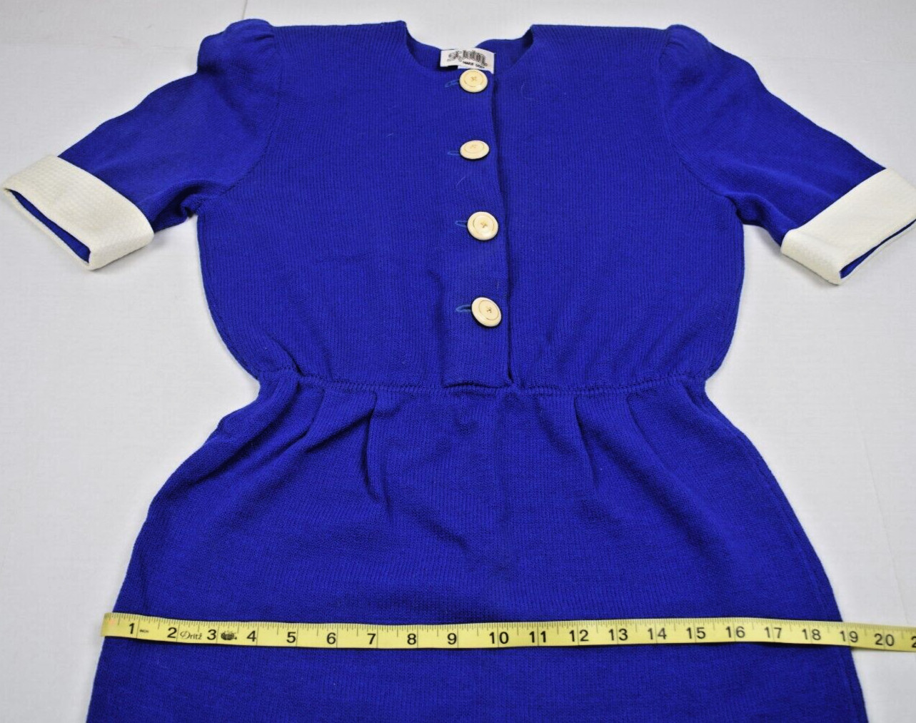 Vintage St John Knit Royal Blue Midi Dress S/M 80s White Buttons Fitted Waist