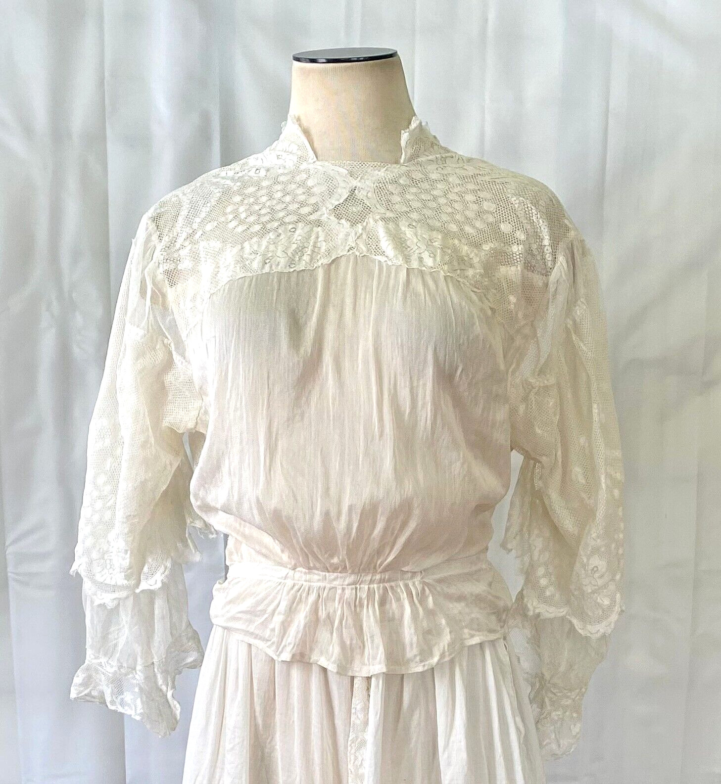 Antique Edwardian Blouse White Cotton Lace Mesh Netting L XL 40 Bust