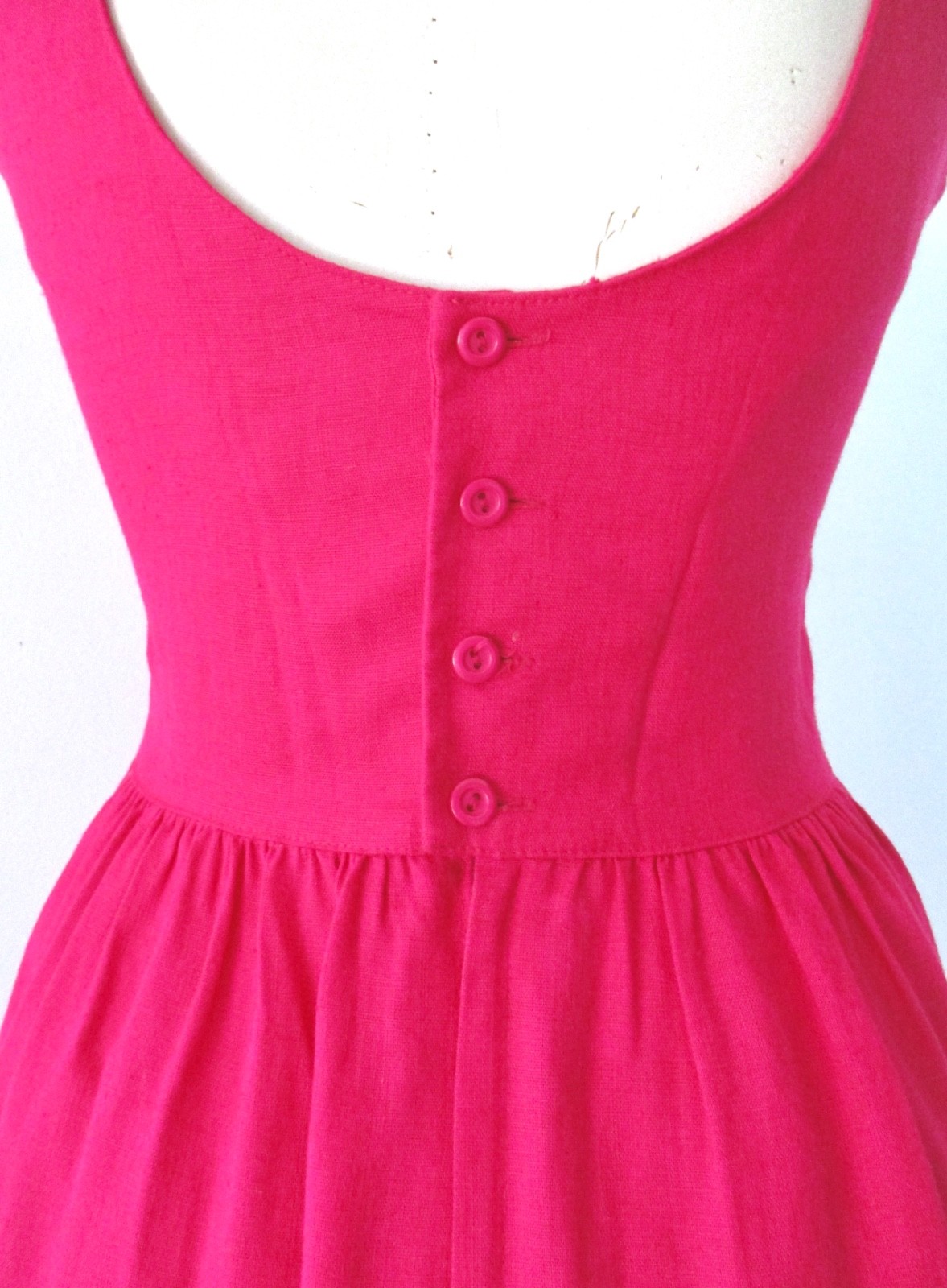 Vtg 80s Lanz Hot Fuchsia Pink Drop Waist Tea Dress Back Cutout Bow Pockets 6