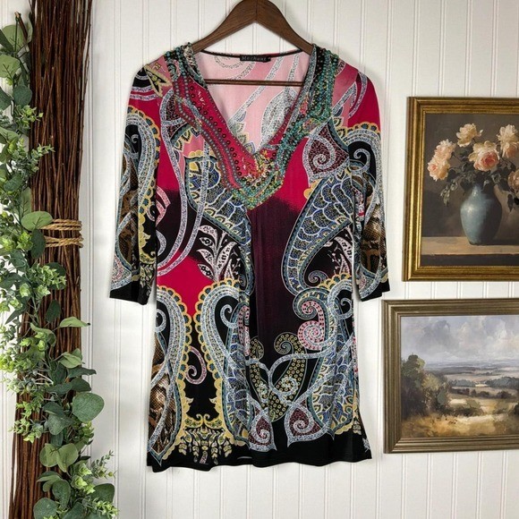 Mechant Paisley Beaded Tunic Top Womens Small Multicolor Excellent Boho V-Neck