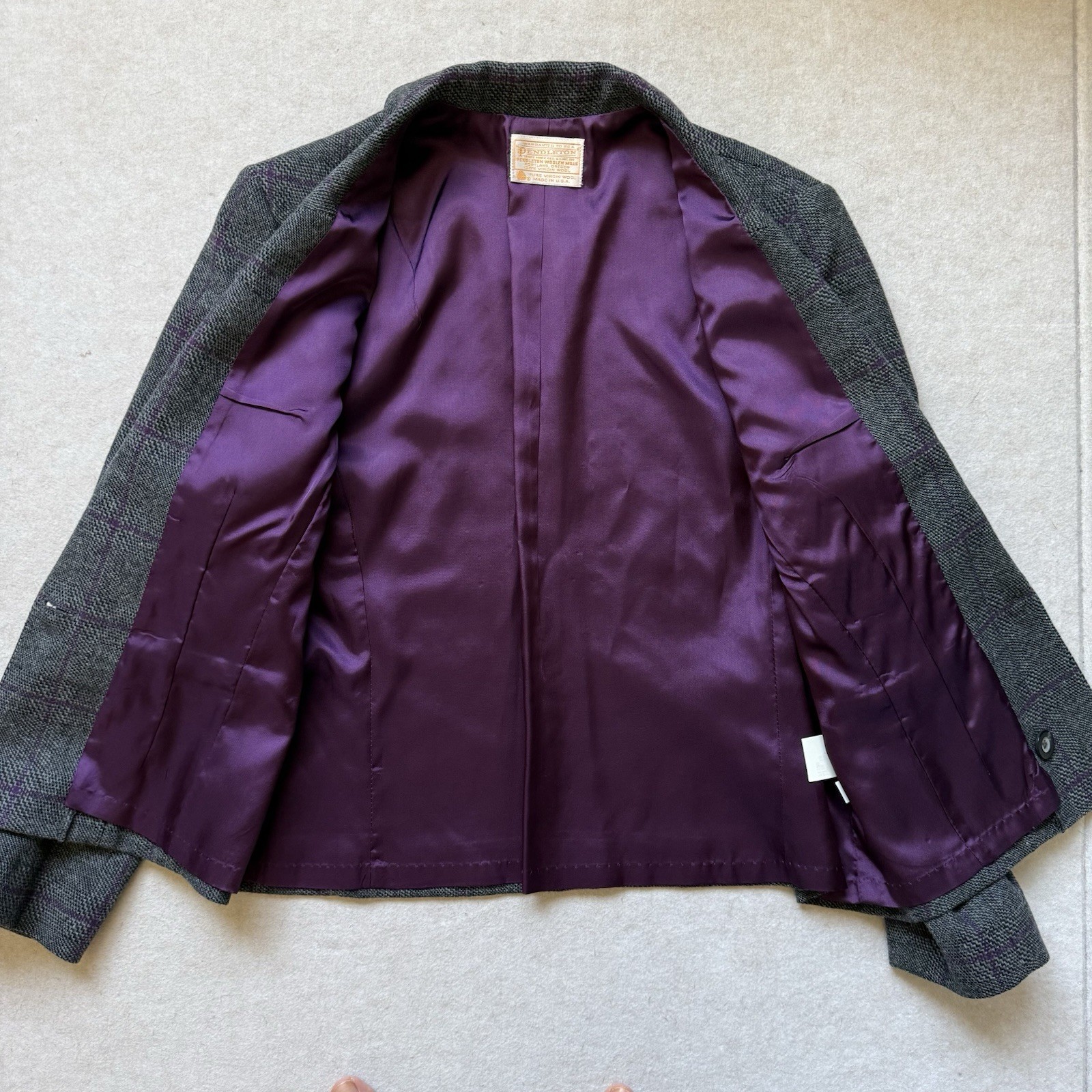 Pendleton Pure Virgin Wool Blazer Size 12 M/L Gray Purple Plaid Single Button