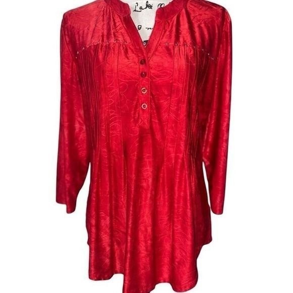 Shannon Ford New York Red Jacquard Studded Pintuck Tunic Blouse 3/4 Sleeve Large