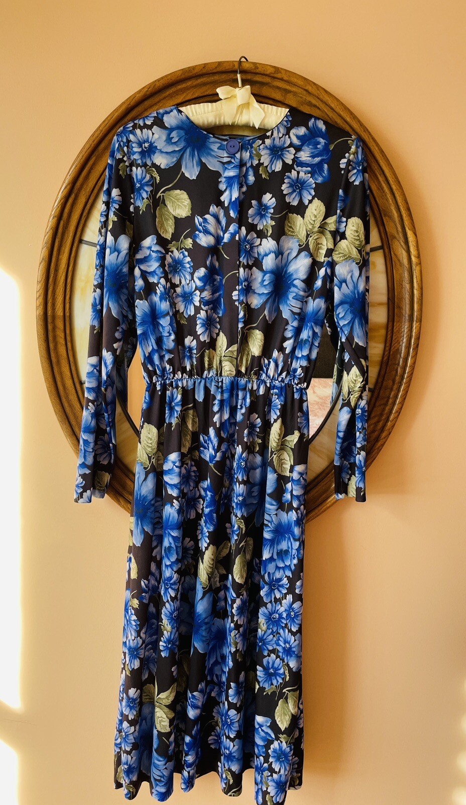 Vintage 1980’s Carol Wright Black Blue Floral Print Poly Dress S/M