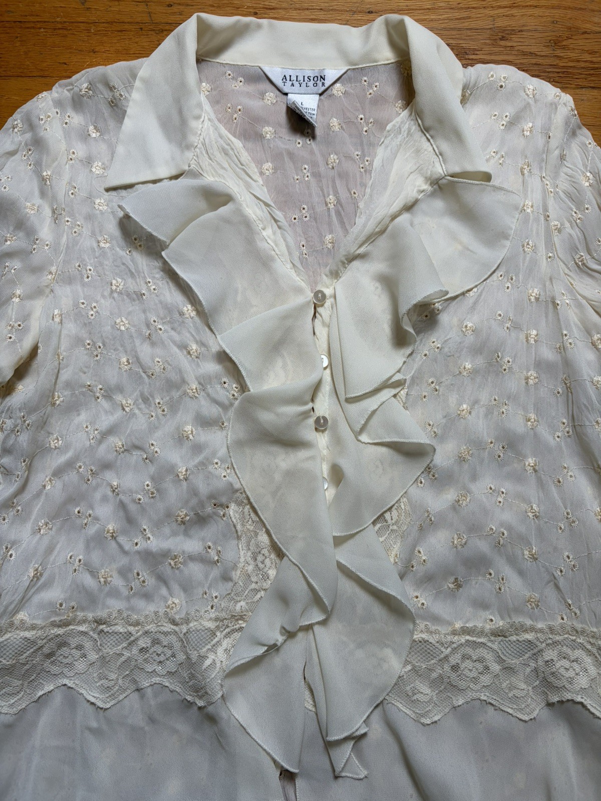 Vintage 90s Y2K Cream Lace Long Sleeve Top Sz L Fairy Coquette Ruffle Sheer
