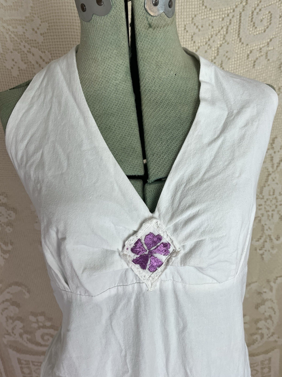 Vintage 1970s Mexican White Cotton Purple Flower Embroidered Halter Dress 70s