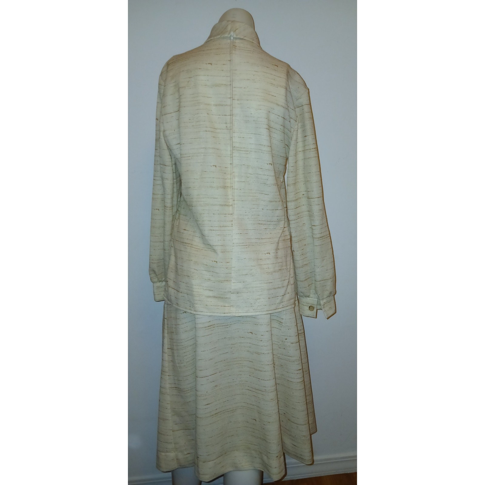 BLEEKER STREET 2pc Vintage Poly Knit Beige Skirt Set High Neck Shirt Top Medium