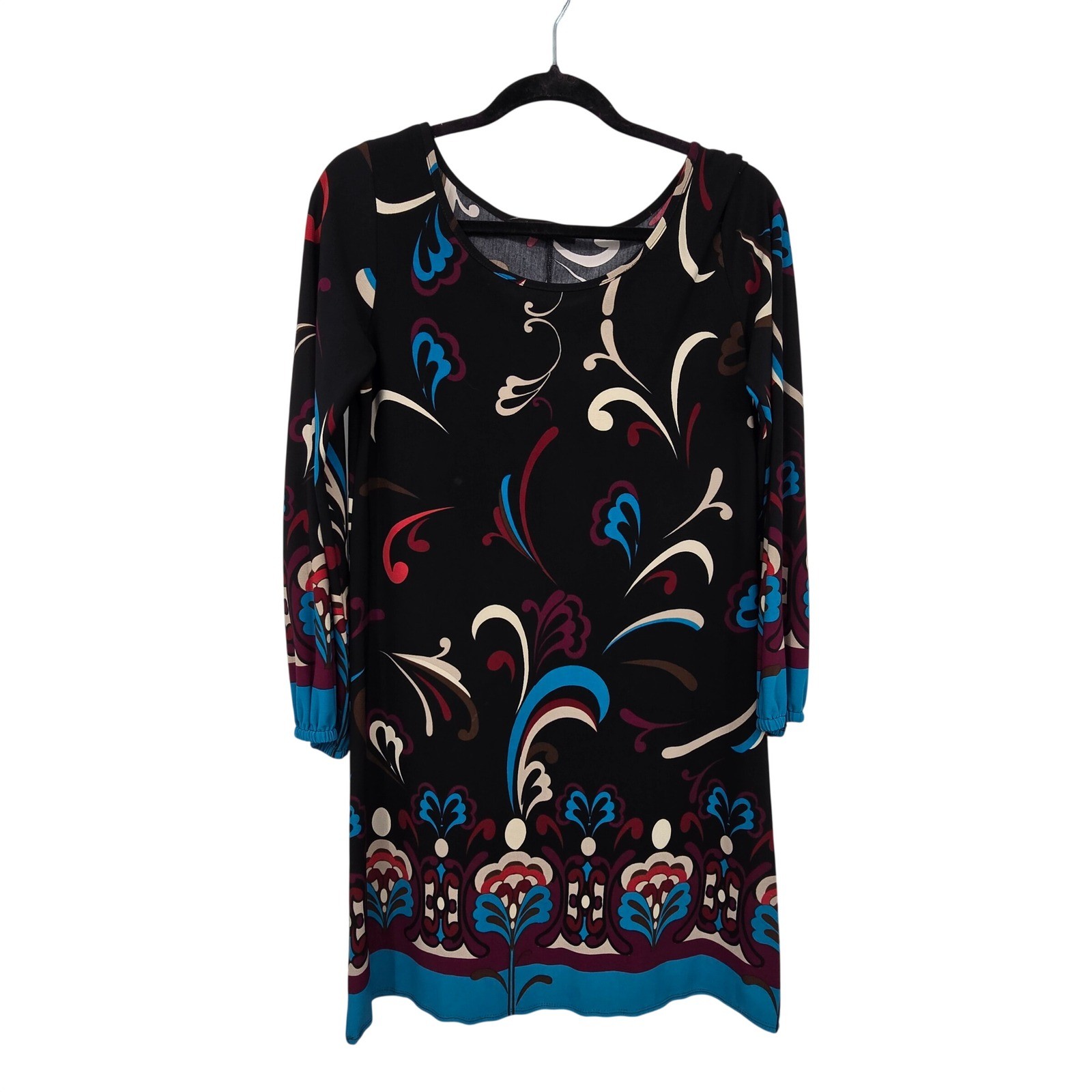 Cocomo Shift Dress Womens Medium Black Blue Floral Long Sleeve Retro Mod Mini