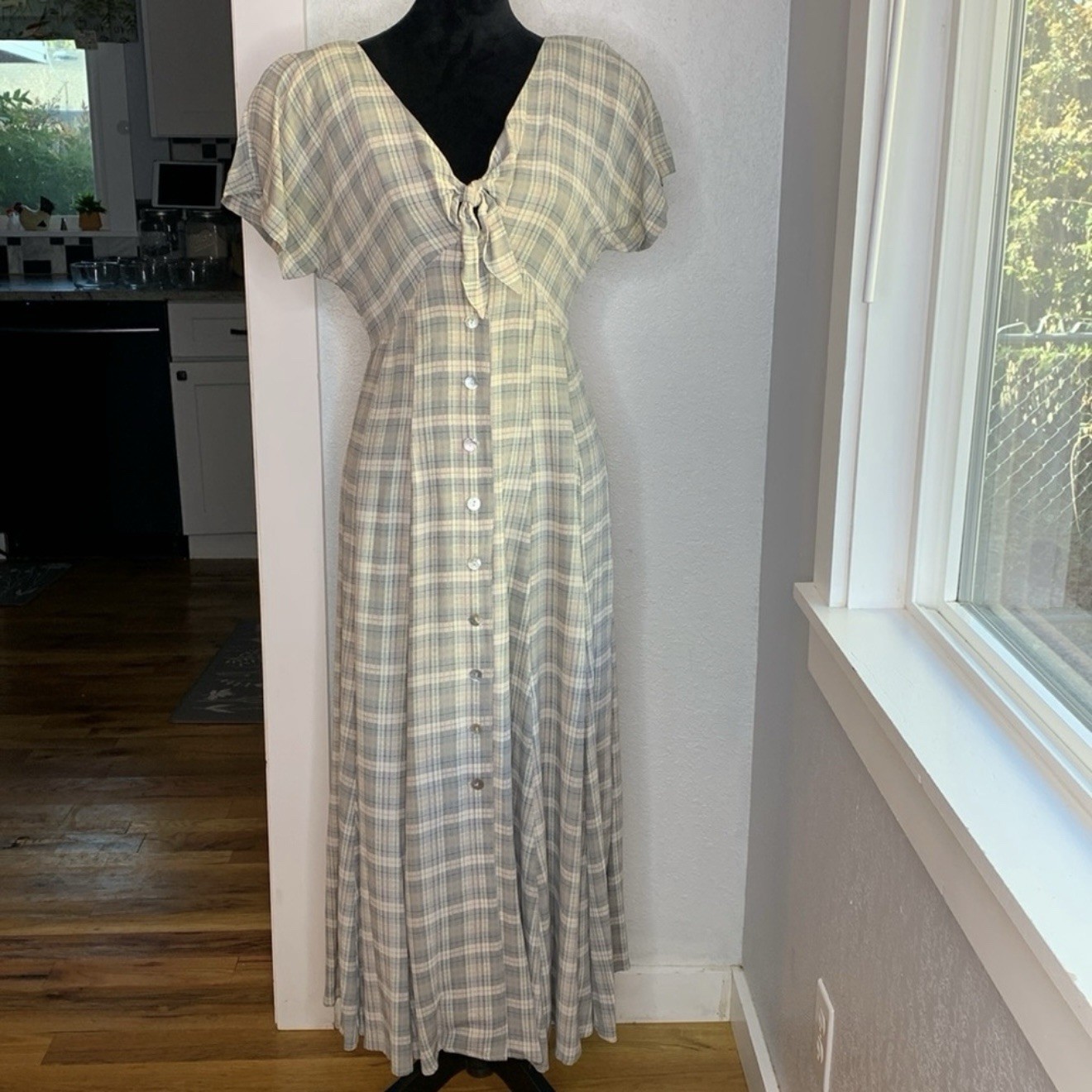 Vintage Karen Alexander Pastel Plaid Button Front Maxi Dress 8 USA Made Cottage