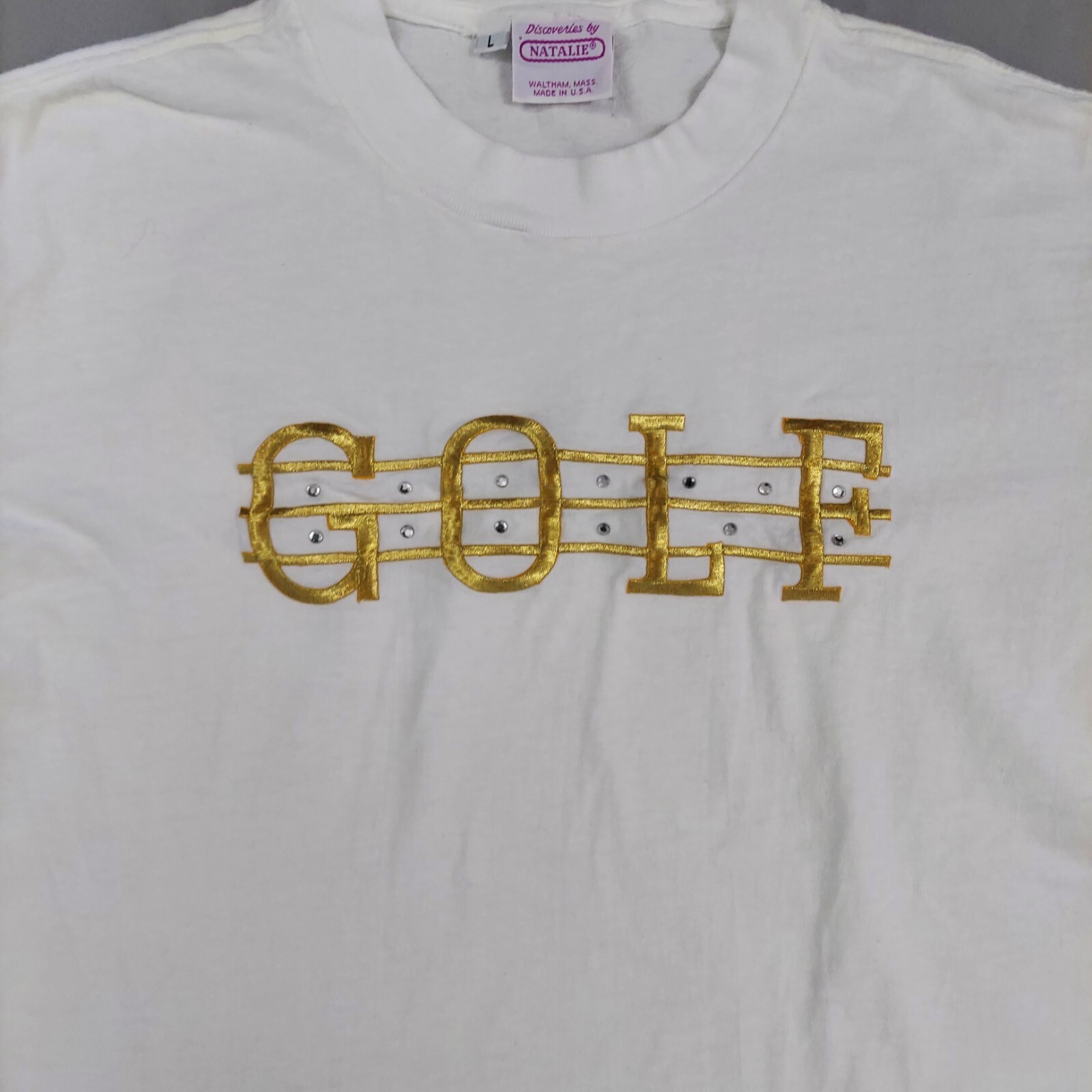 Vintage 90s Discoveries By Natalie Embroidered Golf T-Shirt White Gold USA L