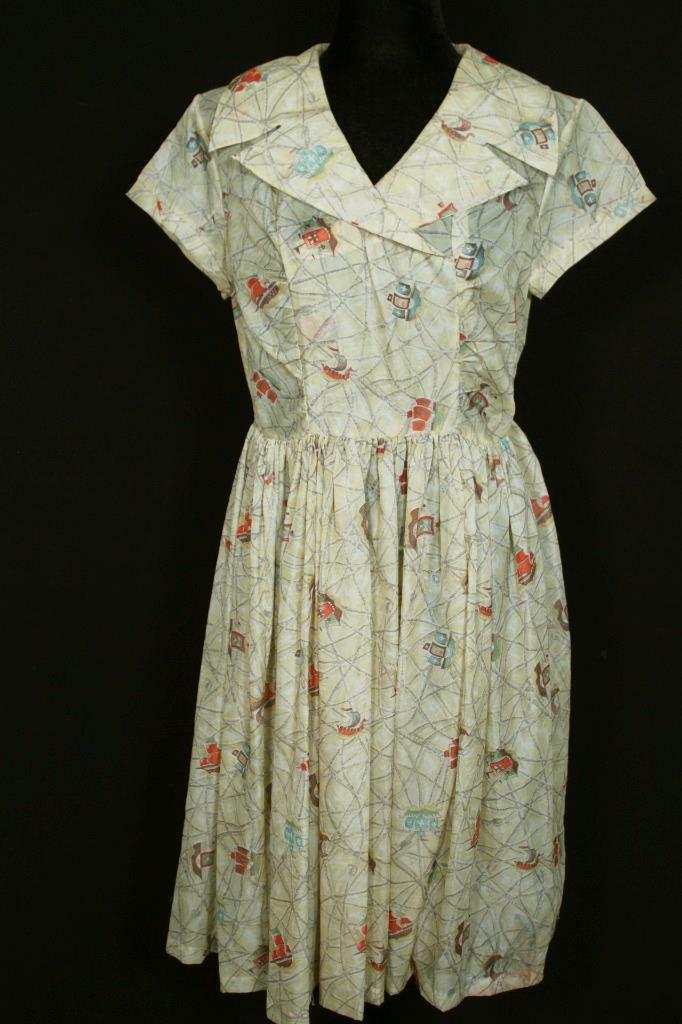 RARE VINTAGE FRENCH 1960’S YELLOW NYLON ANTIQUE SHIP PRINT DRESS SIZE 8+